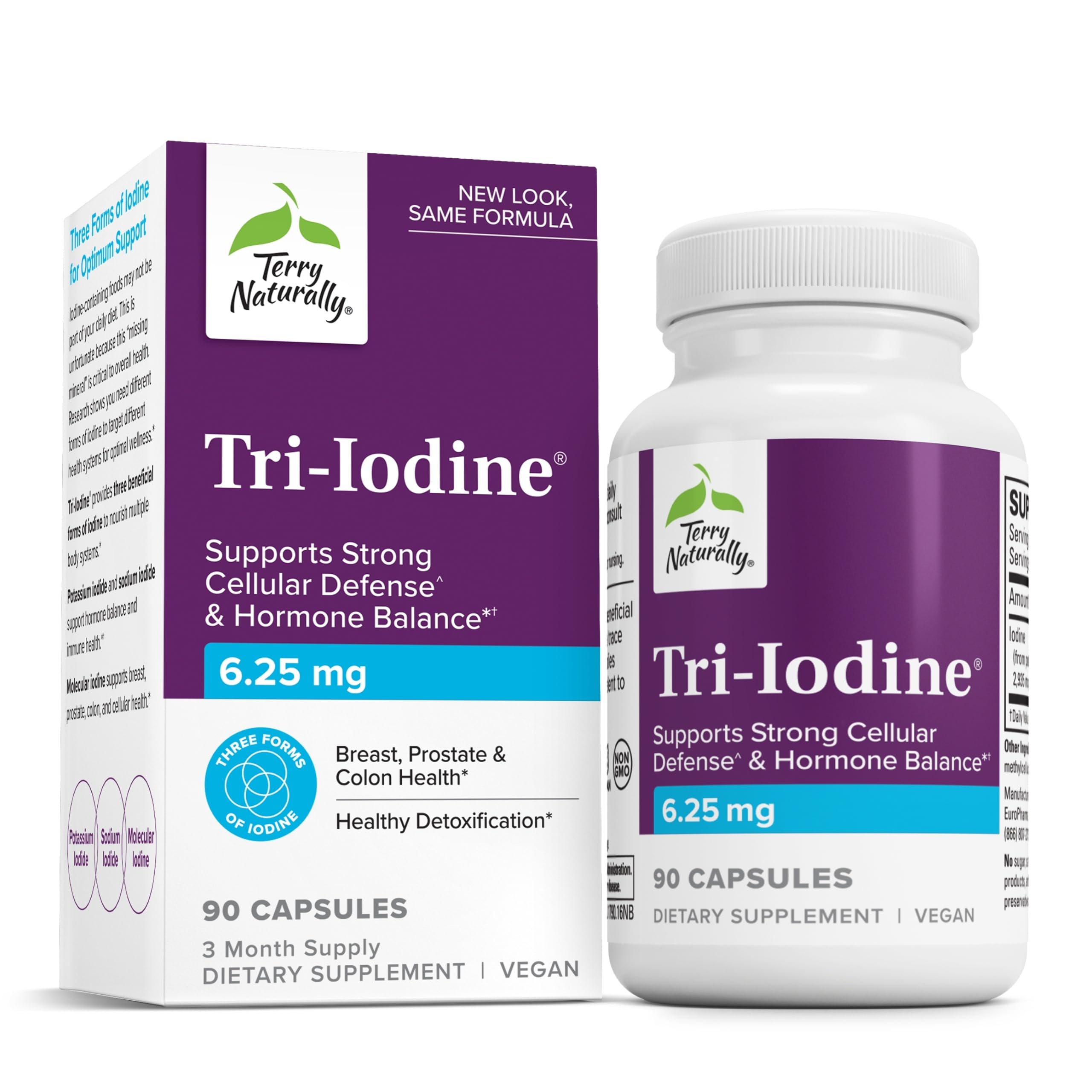 Terry Naturally Tri-Yodo en botella: posible apoyo para la salud tiroidea y equilibrio hormonal.
