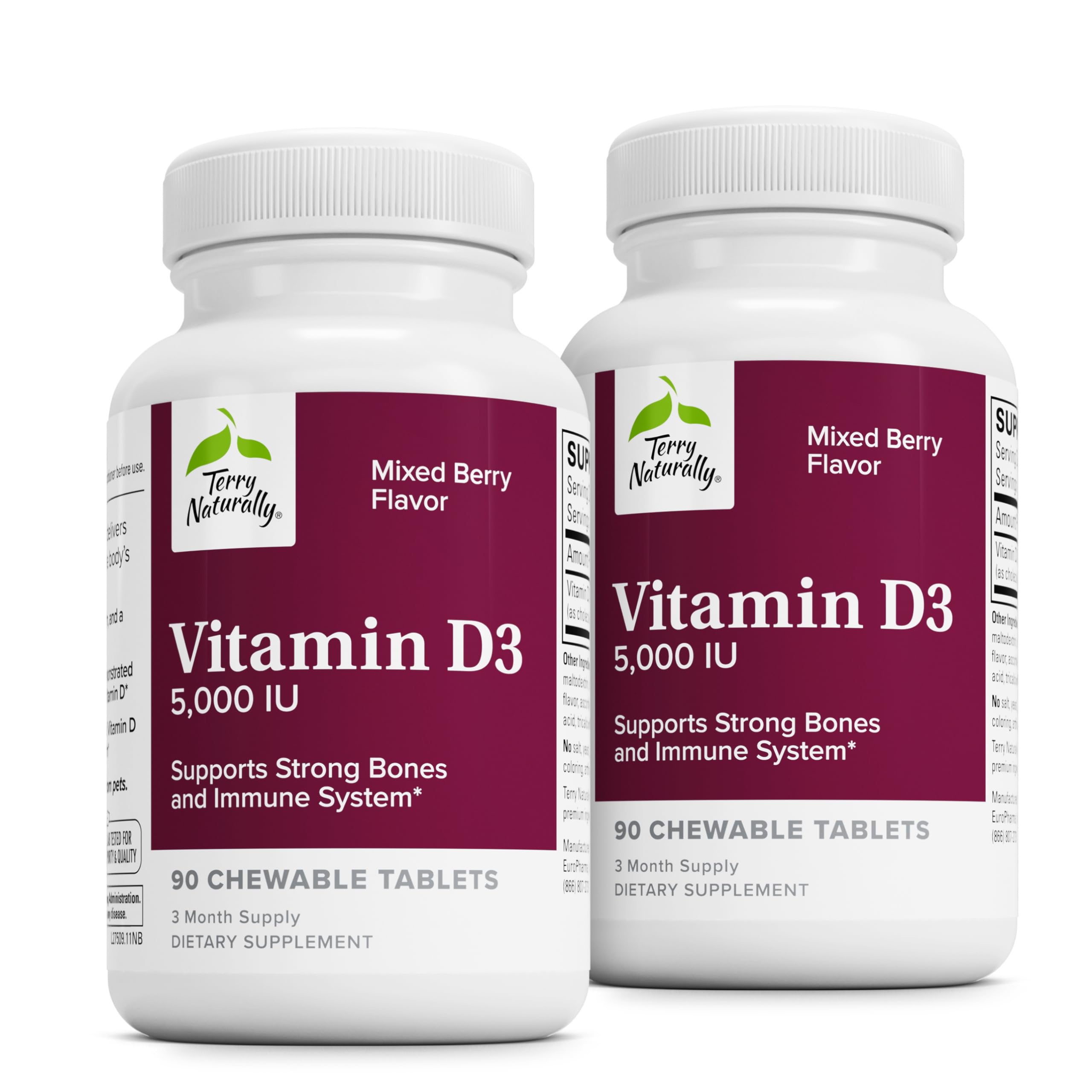 Botella de Terry Naturally Vitamina D3 con sabor a bayas para soporte óseo