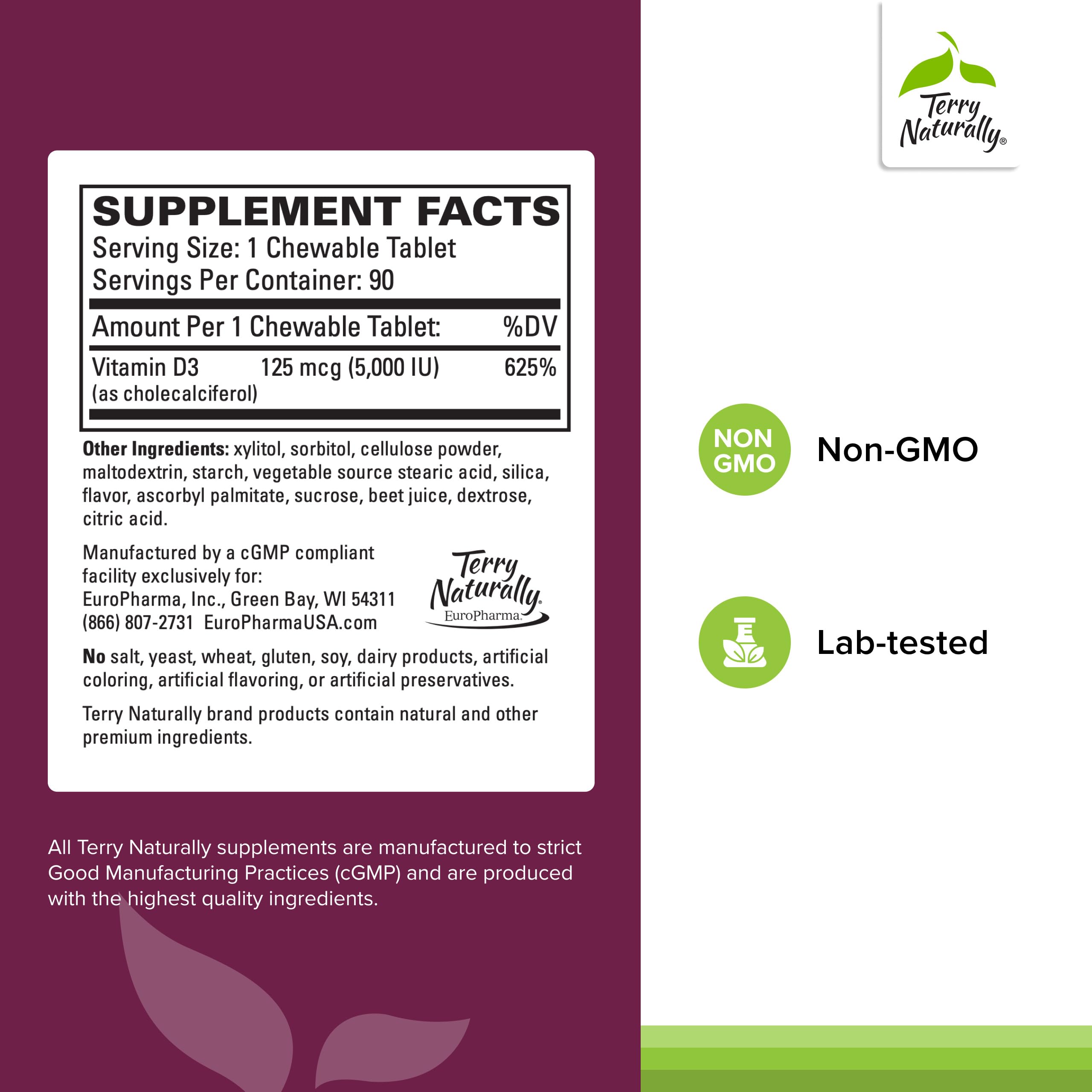 Tableta de Terry Naturally Vitamina D3, 5000 unidades internacionales, sabor bayas