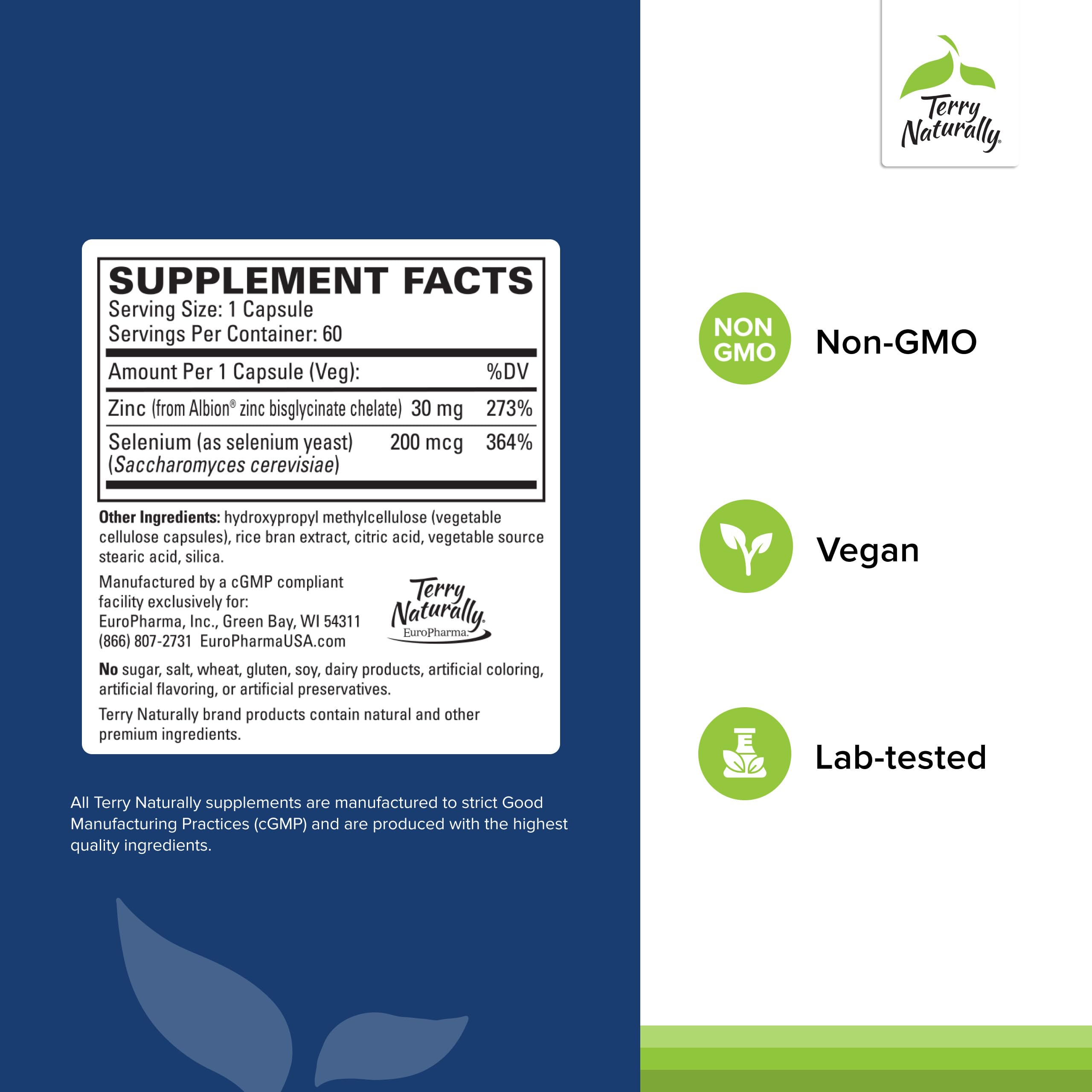 Terry Naturally Zinc Plus Selenium: etiqueta que destaca zinc y selenio para salud celular.