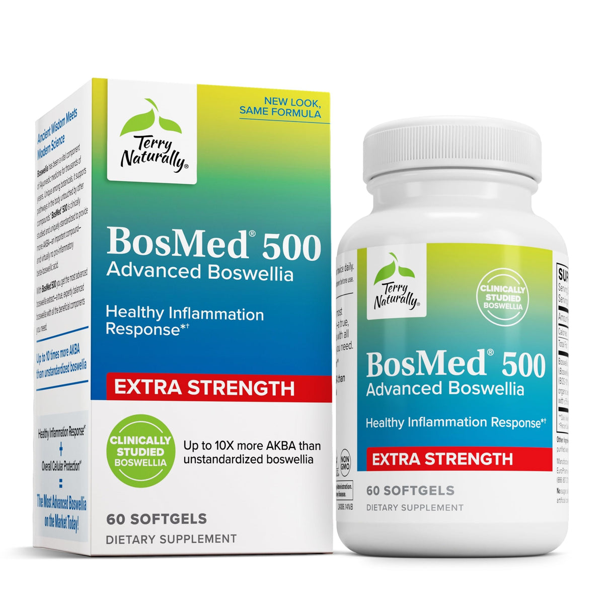 Terry Naturally BosMed 500: botella de cápsulas para apoyo pulmonar diario.