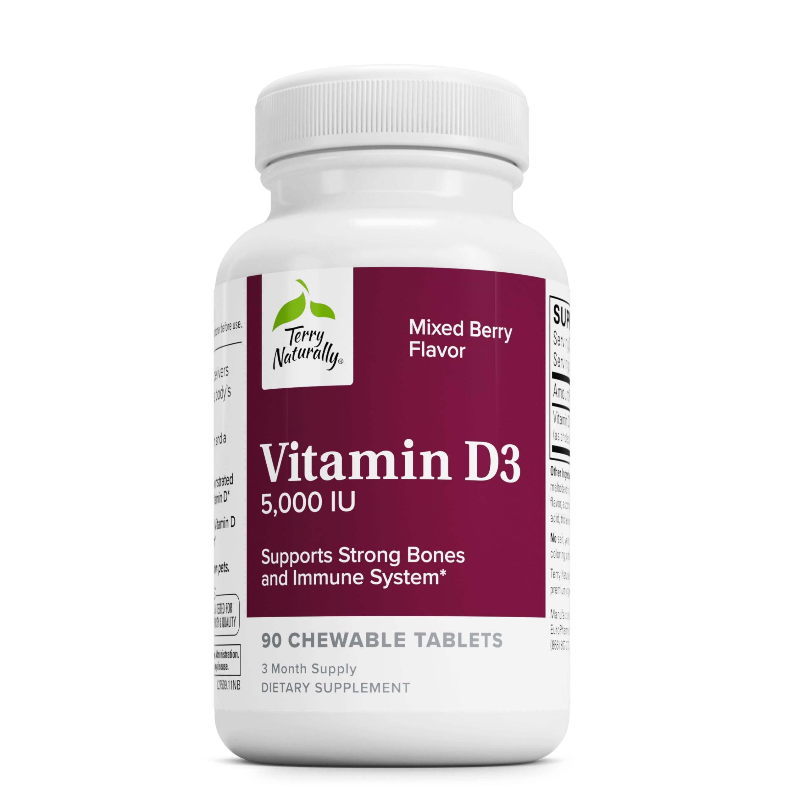 Terry Naturally vitamina D3 5000 unidades en tableta sabor frambuesa para soporte óseo
