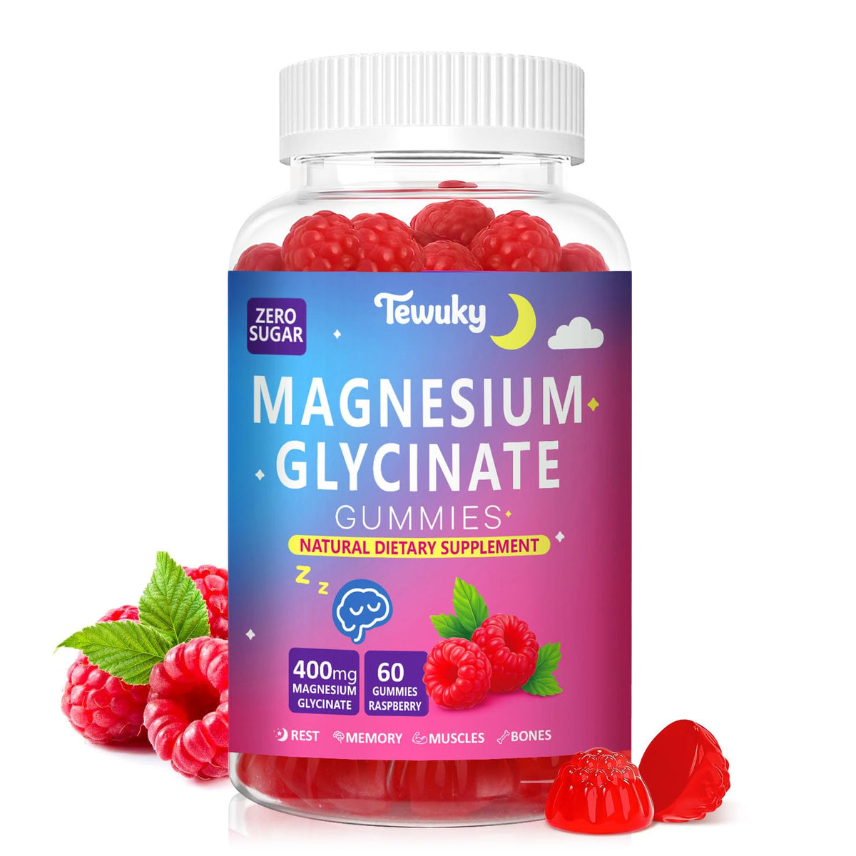 Frasco de gominolas de magnesio glicinato Tewuky sabor frambuesa
