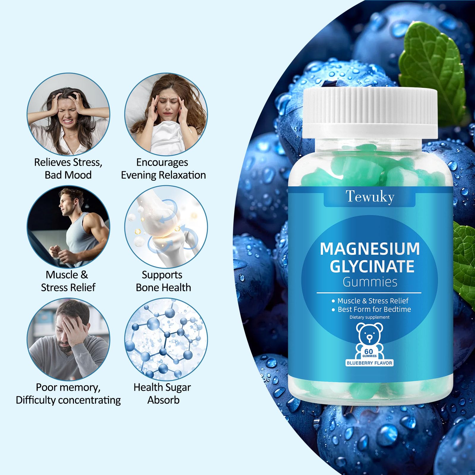 Gominas Tewuky Magnesium Glycinato sabor arándano, fácil de masticar para el día a día