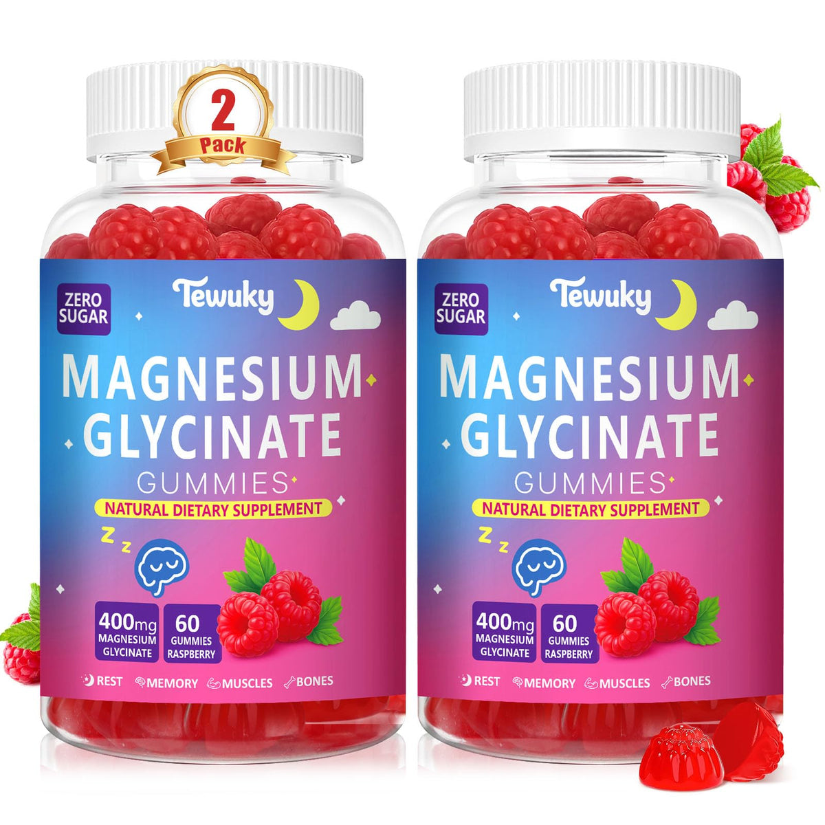 Tewuky glicinato de magnesio gummies frasco de frambuesa para apoyo al sueño