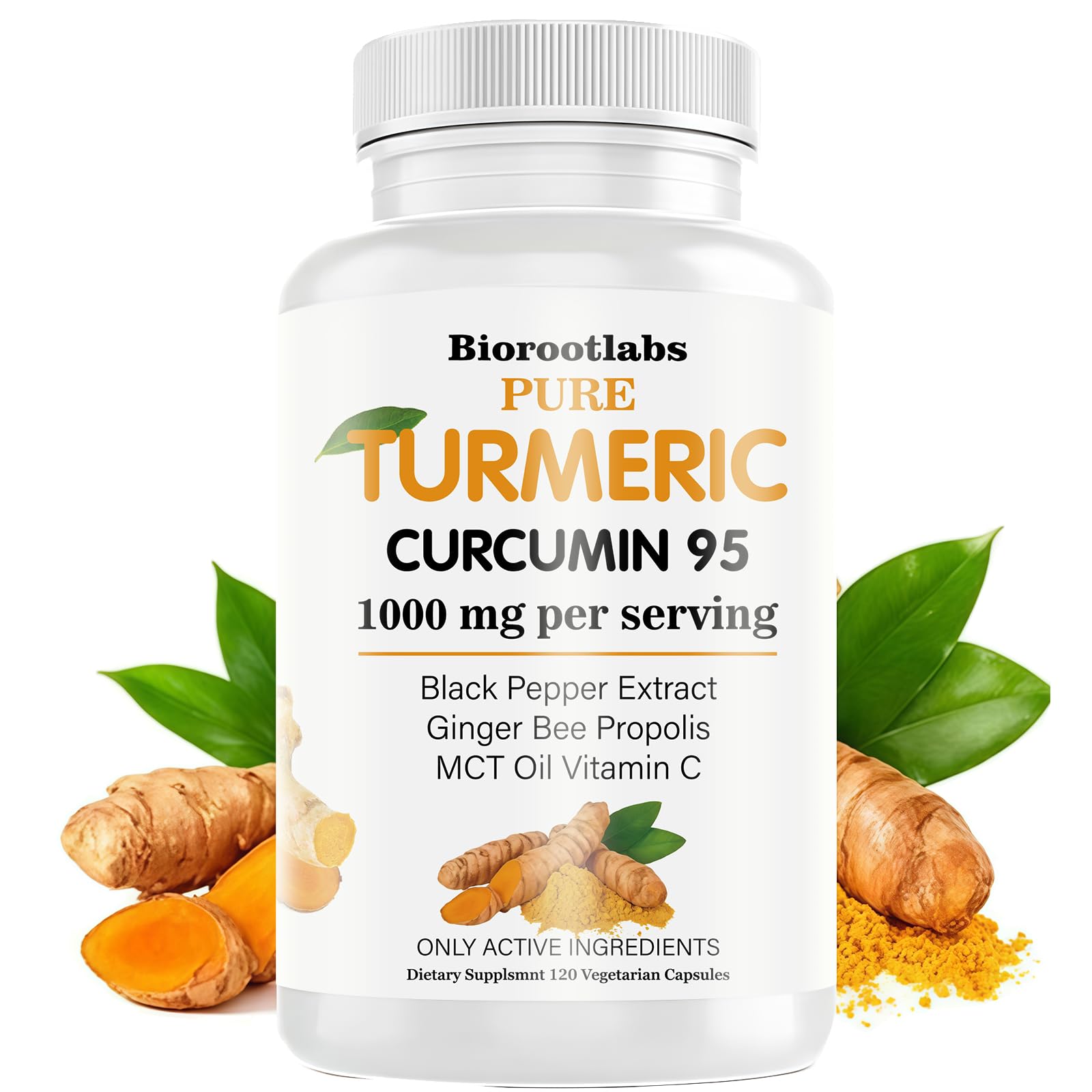 Cápsulas TEYAOE Biorootlabs con curcuminoides al 95% para uso diario y apoyo antioxidante.