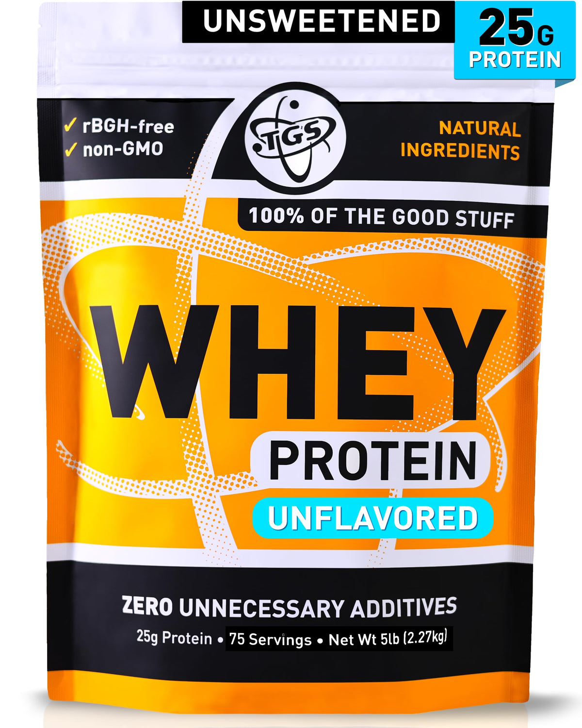 Proteína TGS Nutrition 100 Whey sin sabor, pote 5lb para batidos neutros.