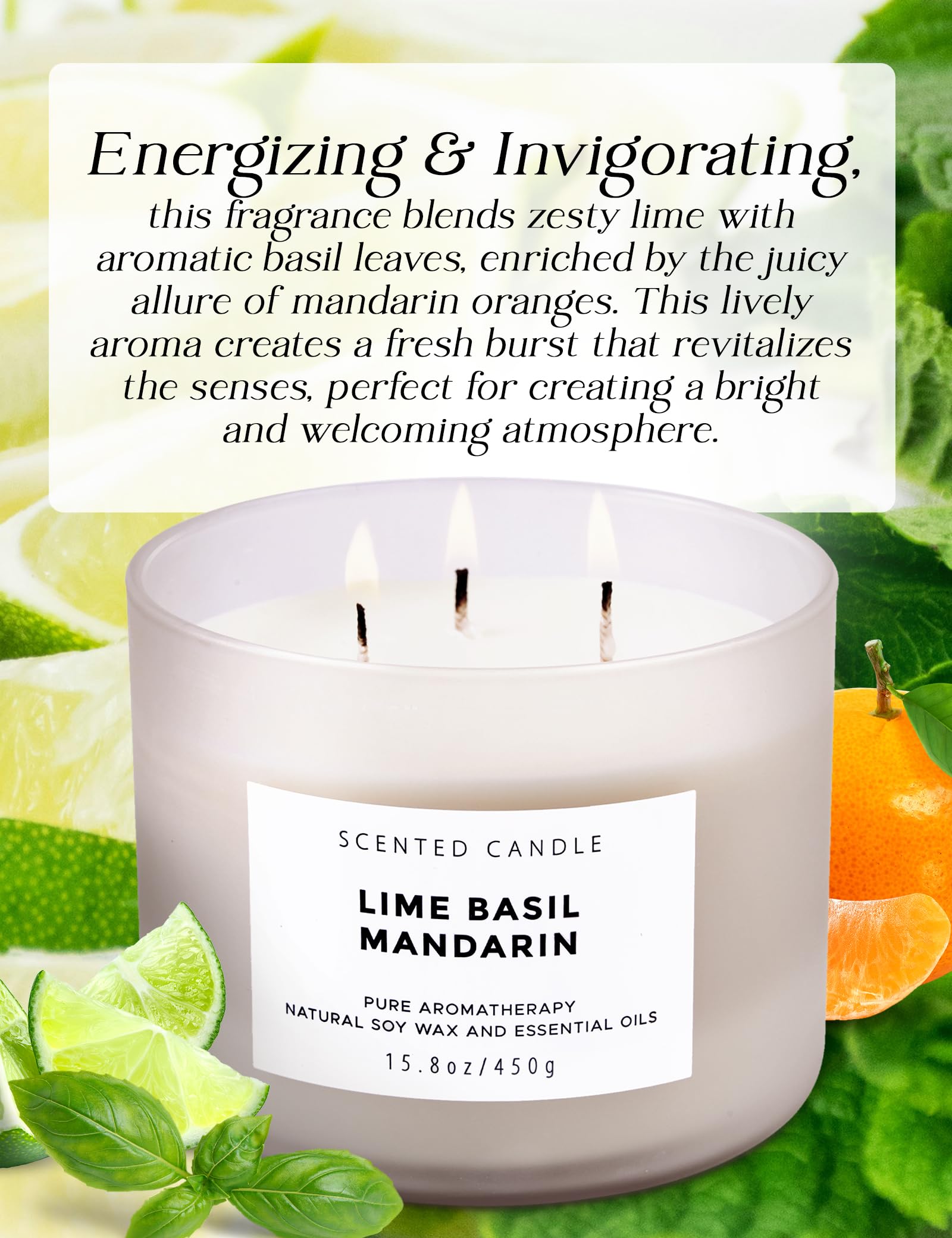 Vela T&H Lima Albahaca Mandarina encendida, ideal para despertar el ánimo.