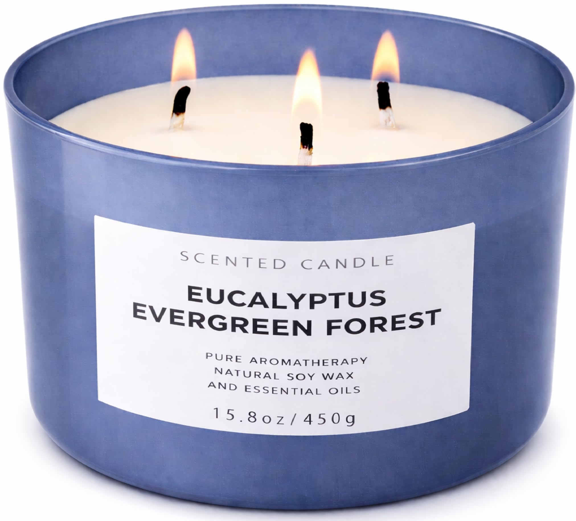 Vela T&H Eucalipto Bosque Siempreverde en jarro azul, aroma fresco para el hogar.