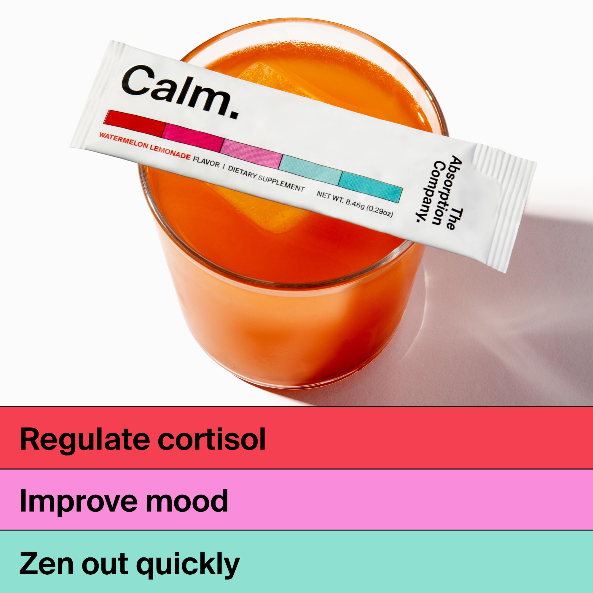 The Absorption Company Calm Drink Mix, vaso con sabor sandía limón para ánimo sereno.