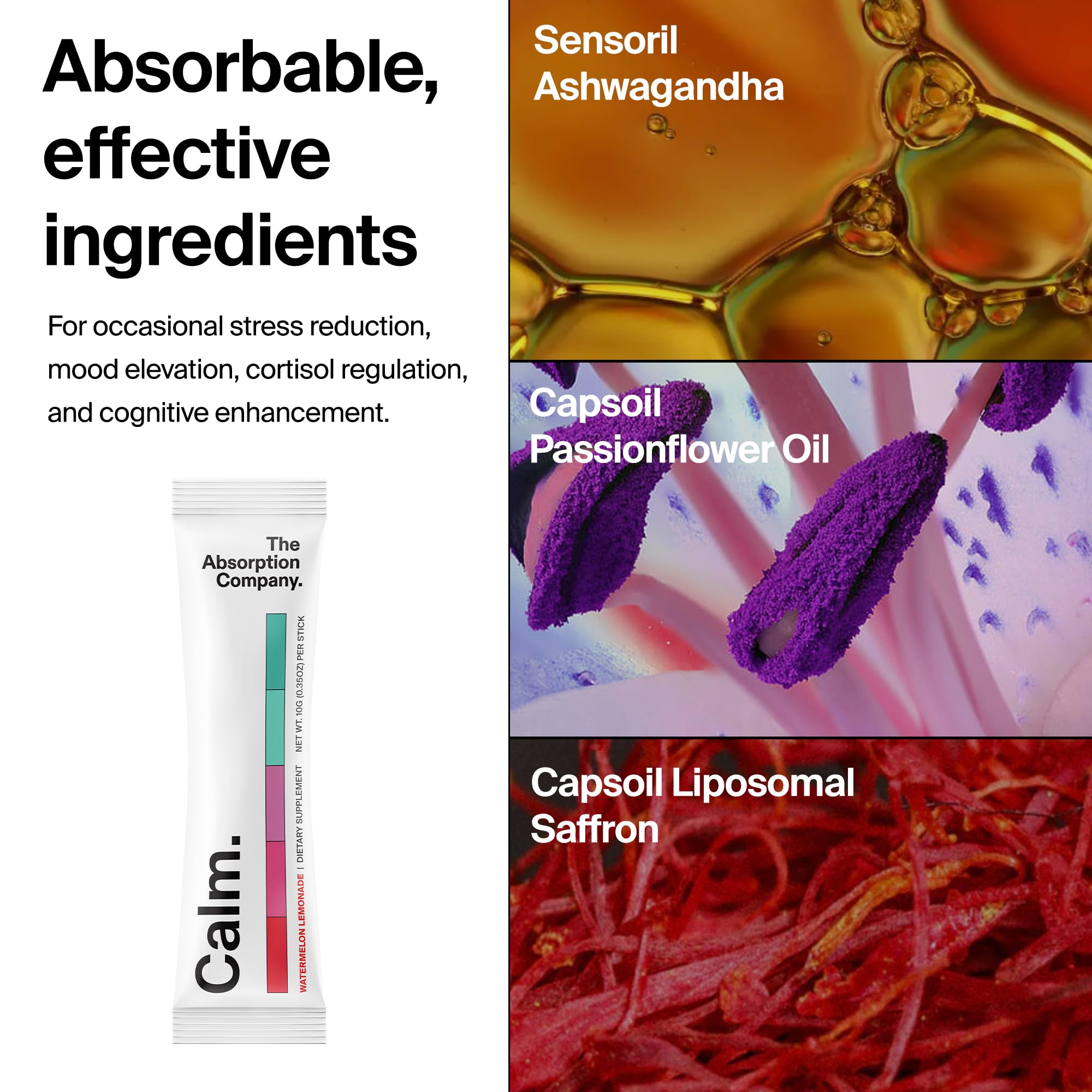 The Absorption Company Calm Drink Mix, escena con vaso listo para mezclar.