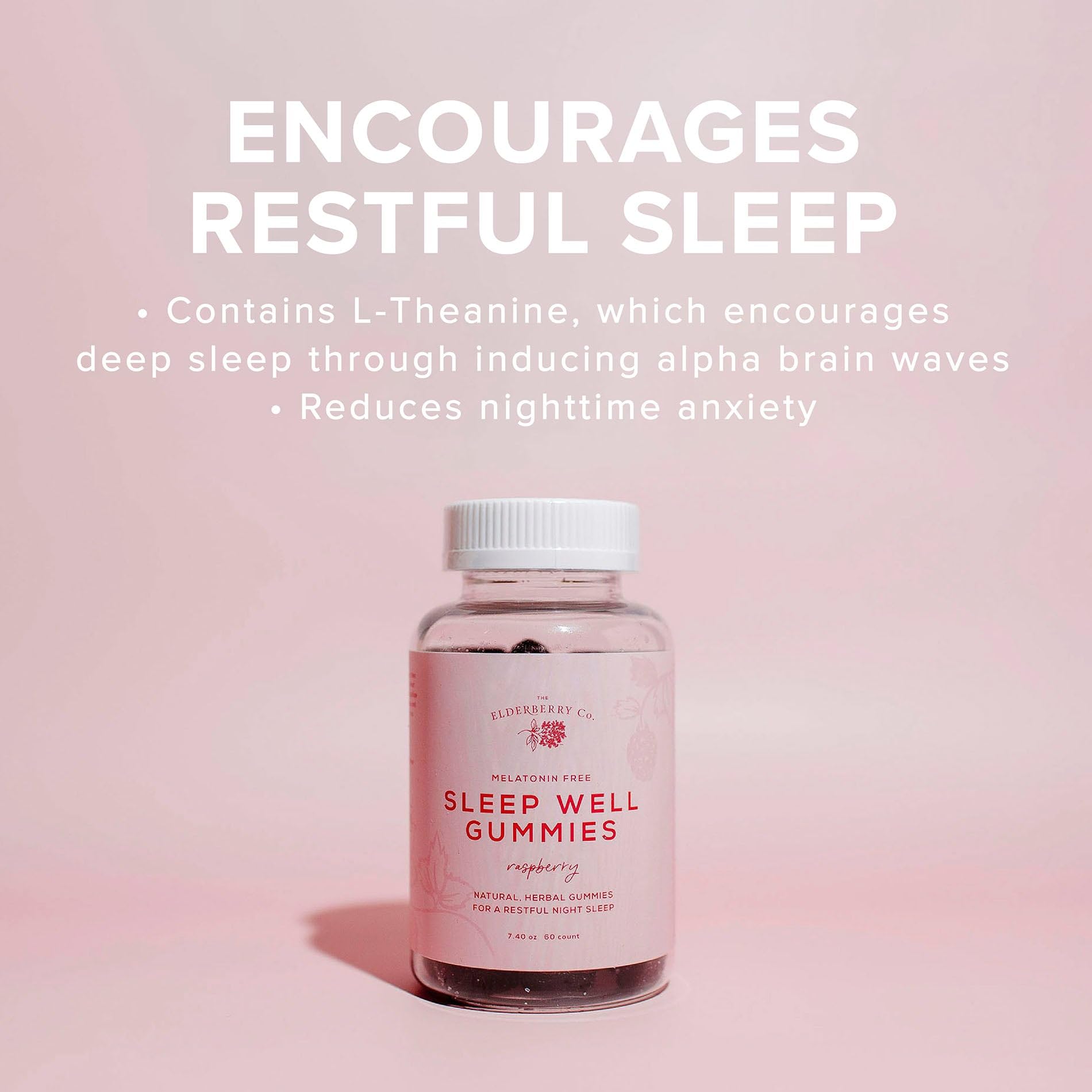 The Elderberry Co ingredientes clave: L-teanina y pasiflora para calma nocturna.