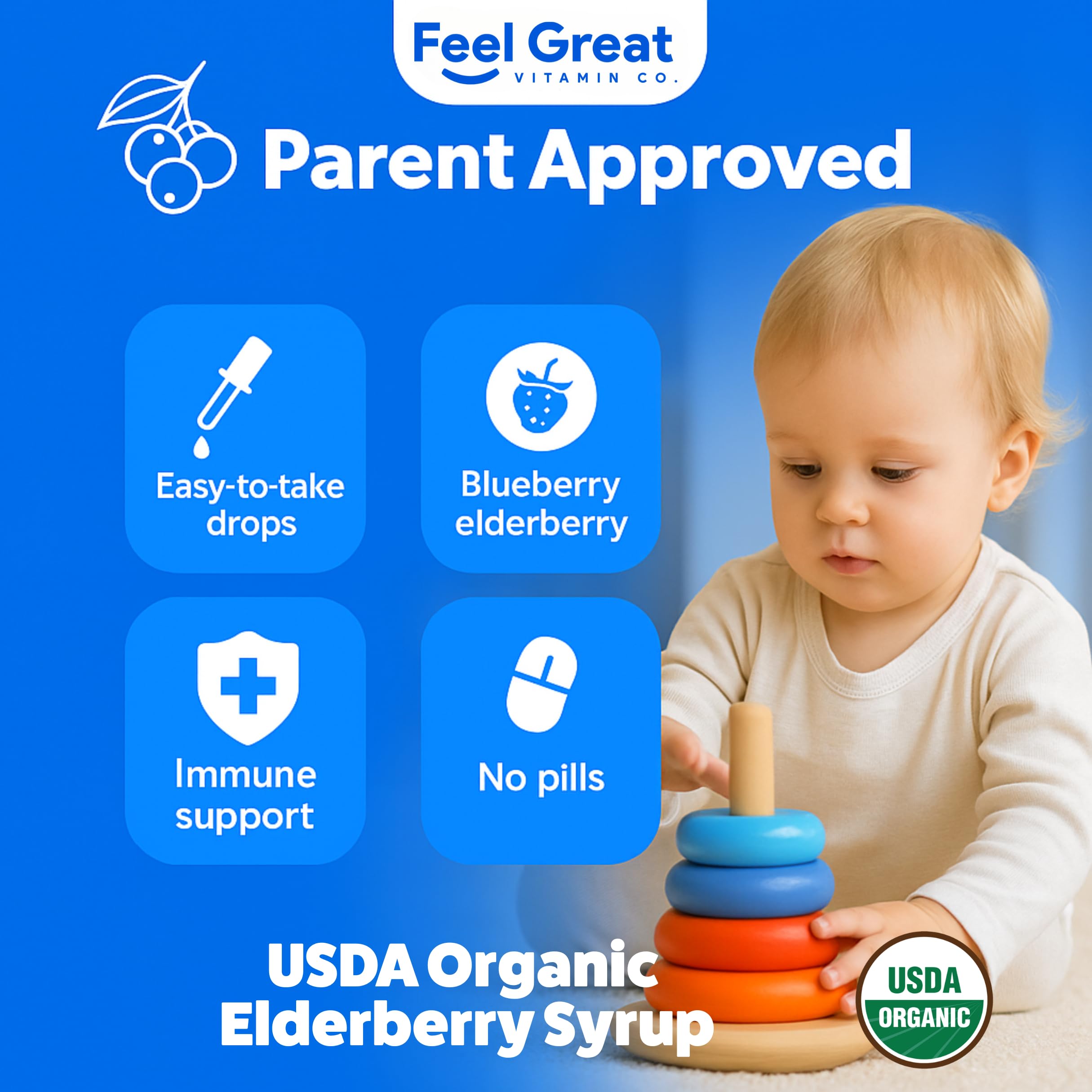 The Feel Great Sambucus etiqueta-organica destaca origen orgánico para niños