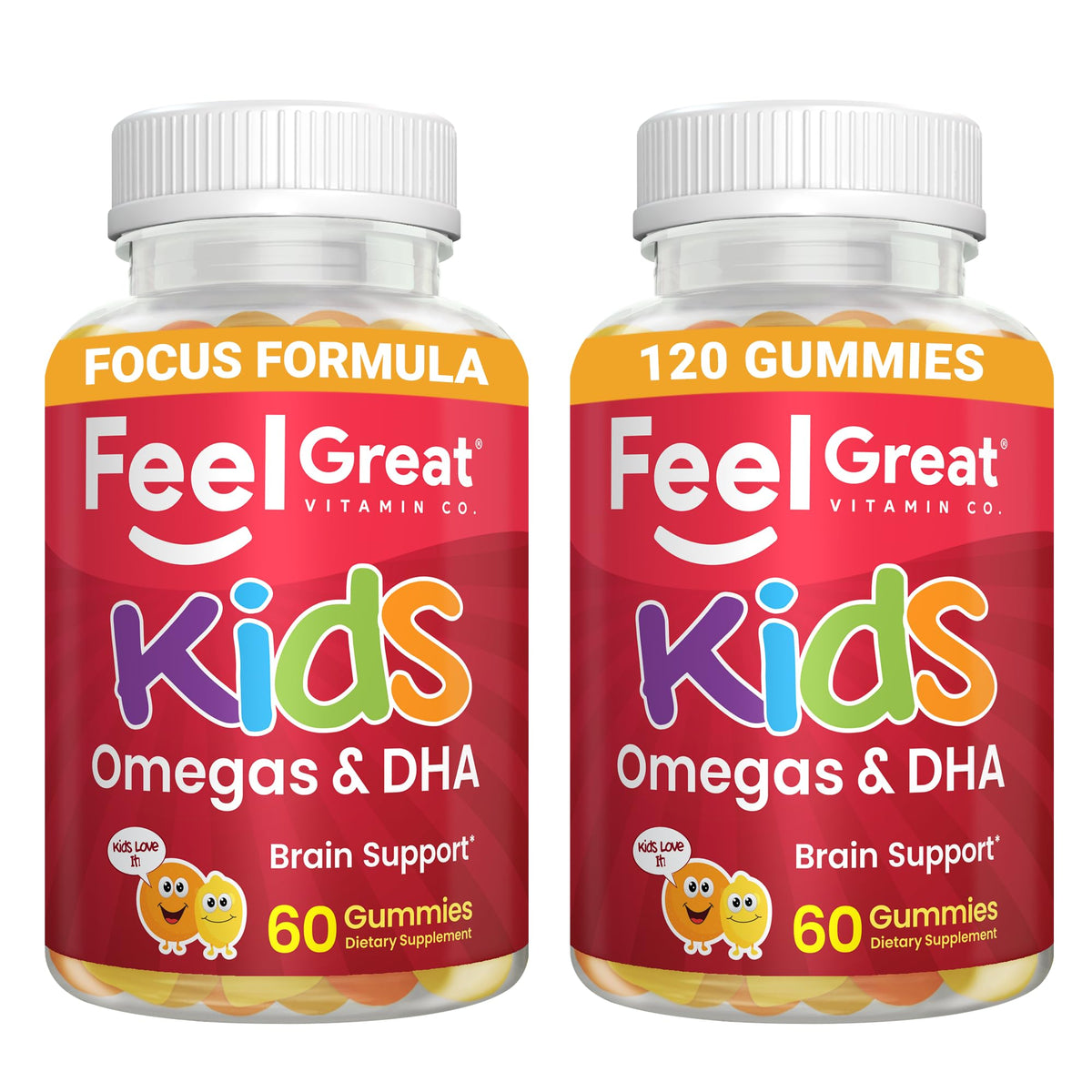 Feel Great Vitamin Company ninos-dha-gummies-omega-3-6-9-botella: sabor cítrico para niños.