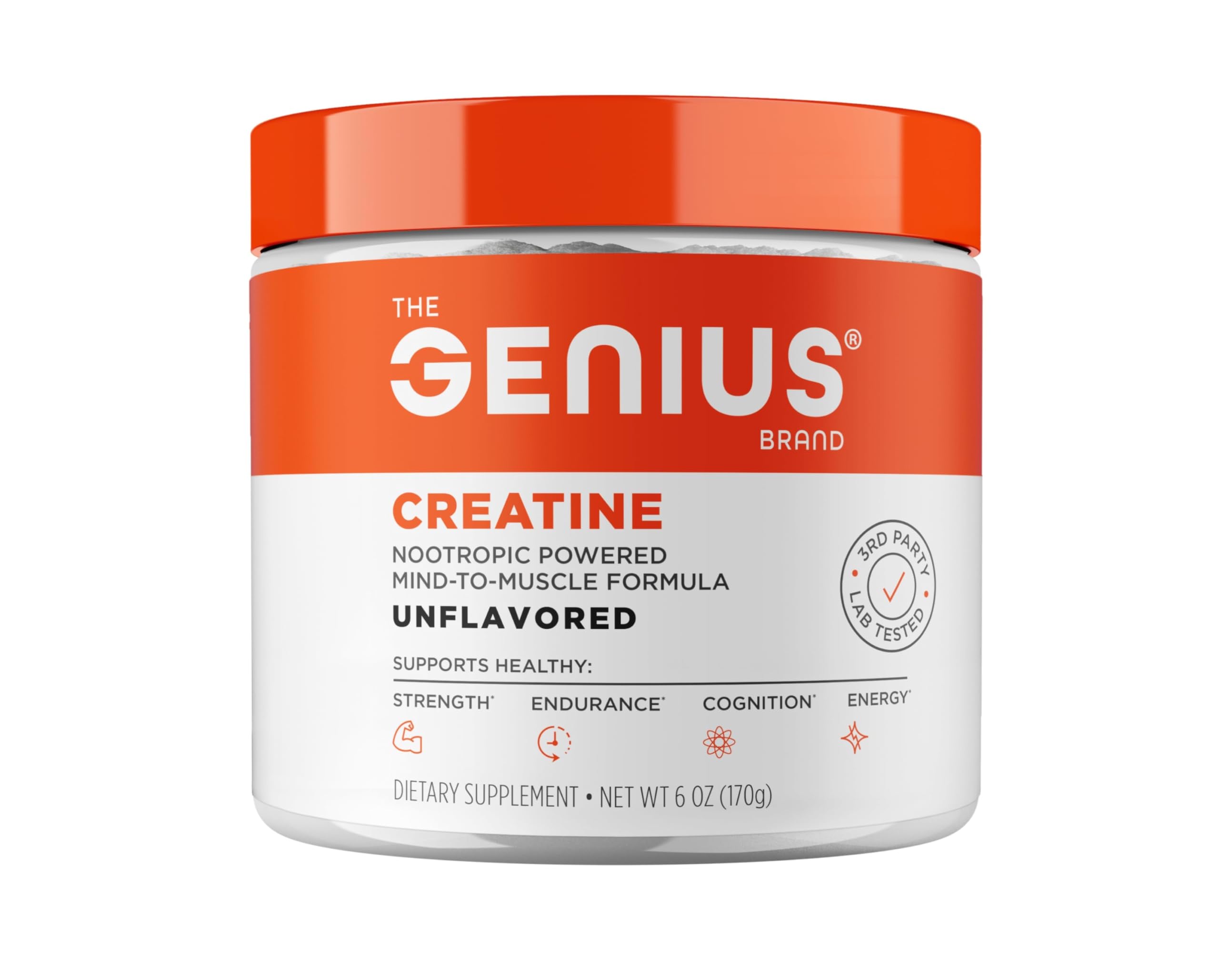 Genius Creatine polvo sin sabor en envase, ideal para entrenamientos.