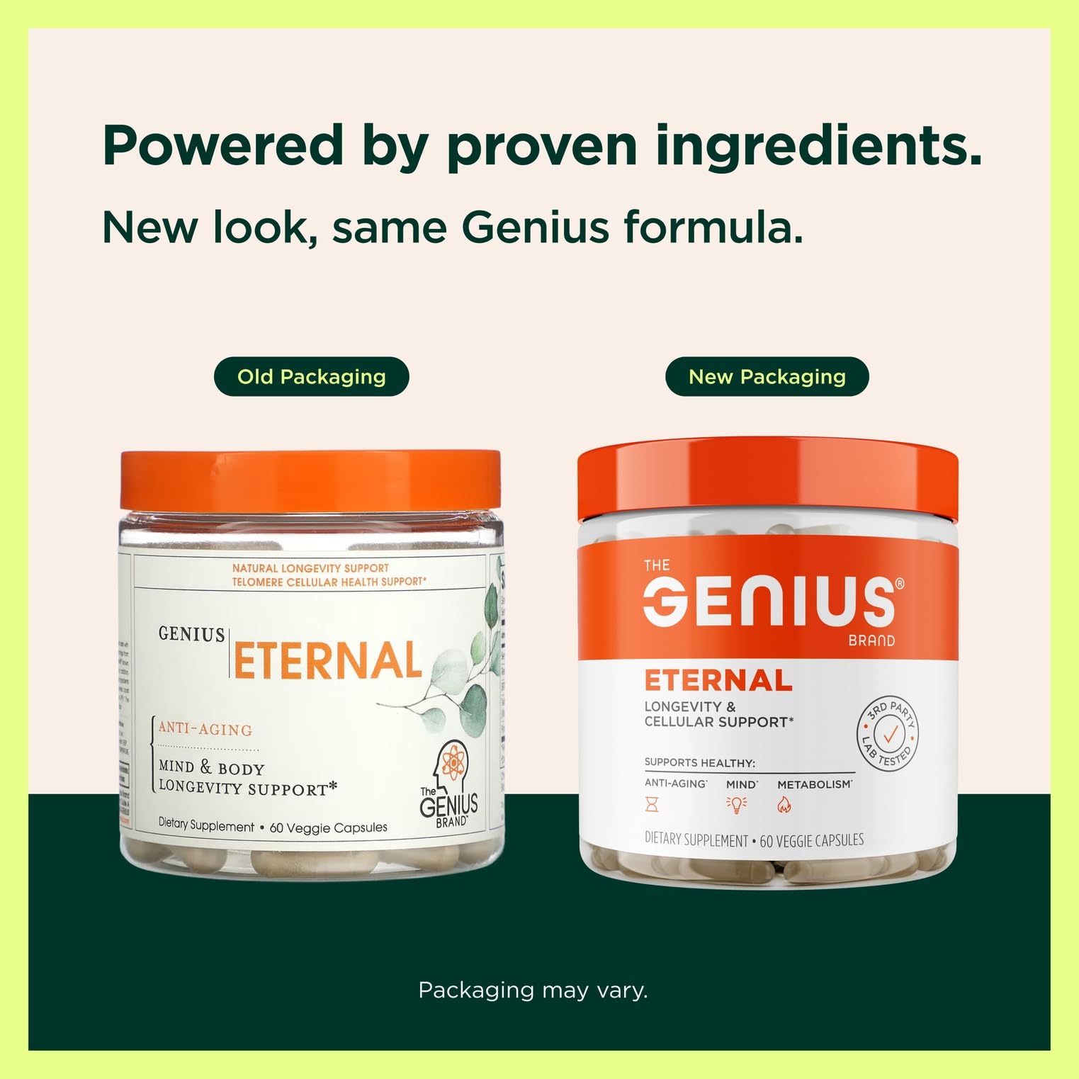 The Genius Brand Genius Eternal: cápsulas visibles dentro de la caja para uso diario