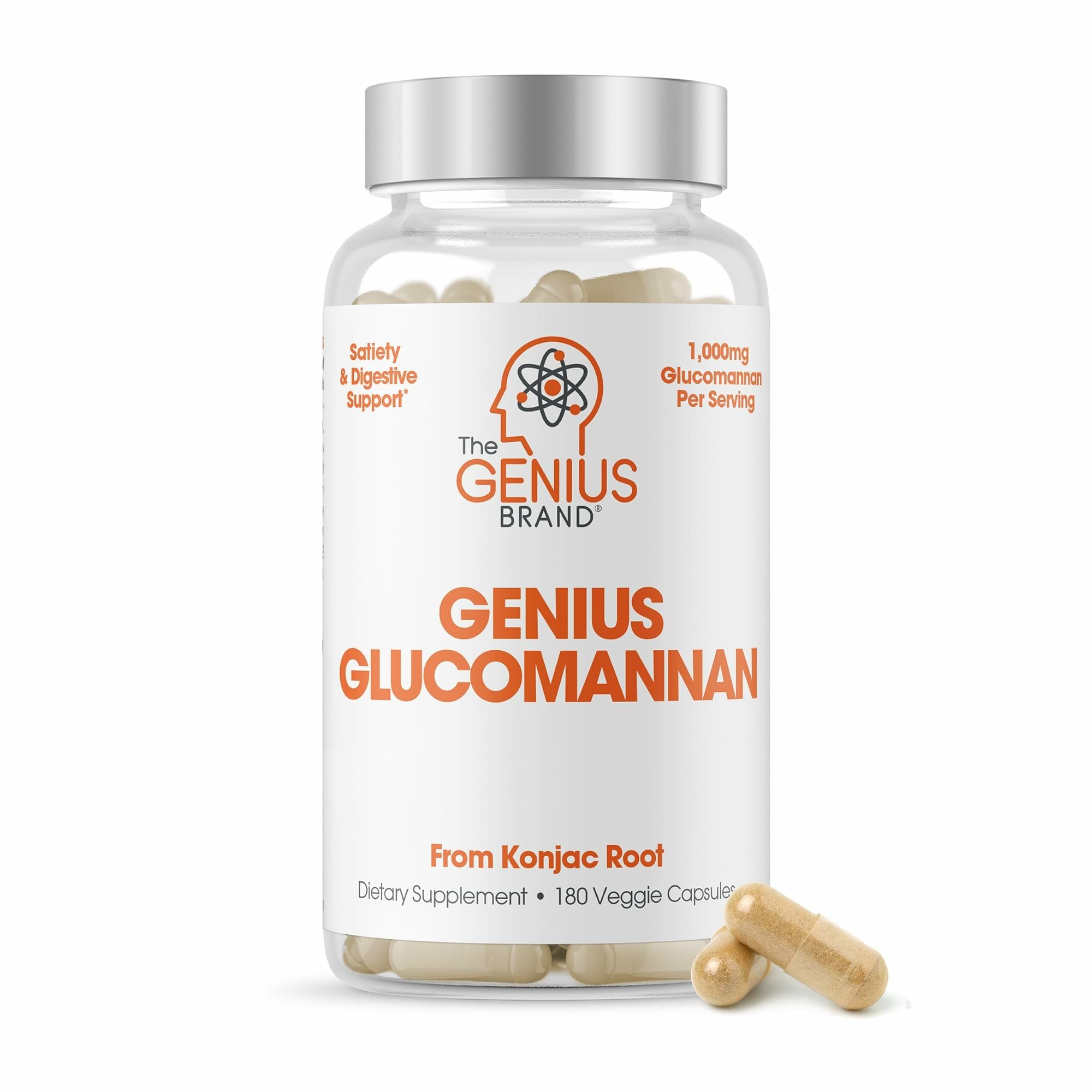 Envase de cápsulas del Genius Glucomanano para apoyo digestivo diario.