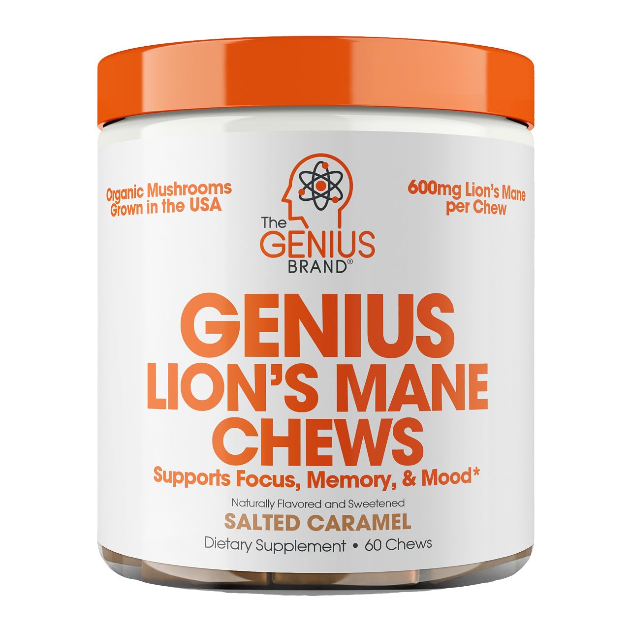 Genius Lion's Mane Chews en envase frontal para enfoque diario.