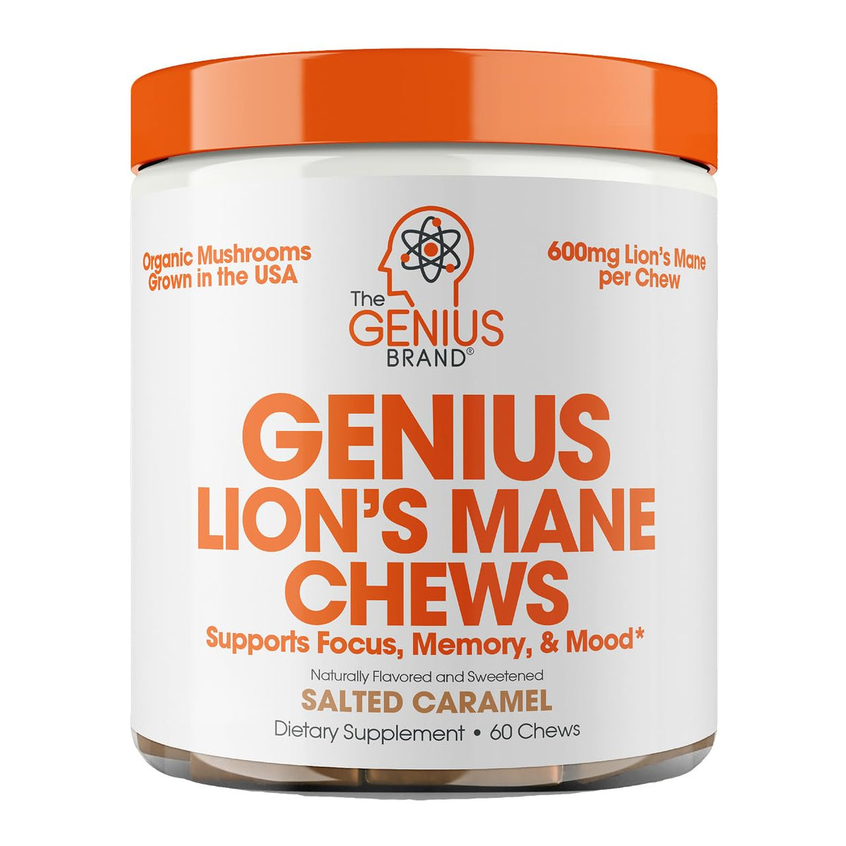 Genius Lion's Mane Chews en envase frontal para enfoque diario.