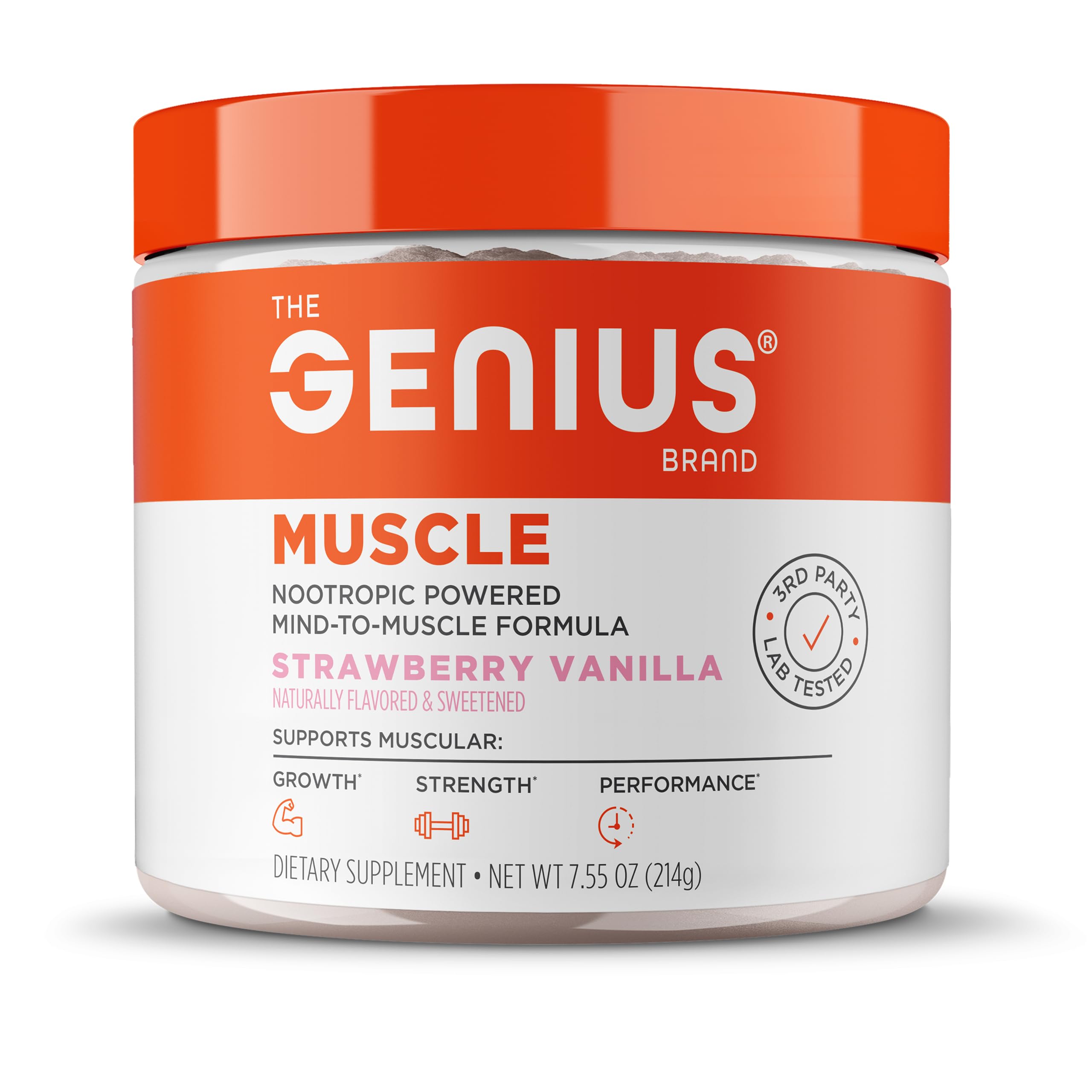 Genius Muscle de The Genius Brand, bote del suplemento para apoyar la salud muscular.