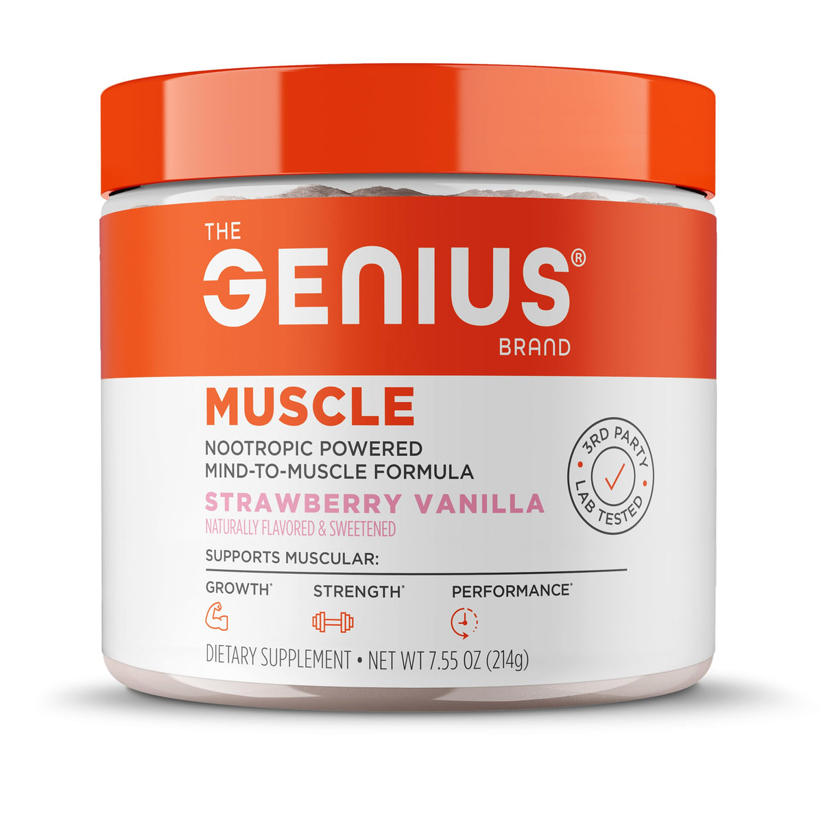 Genius Muscle de The Genius Brand, bote del suplemento para apoyar la salud muscular.