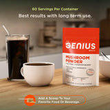 The Genius Brand polvo hongo mezcla triple, uso versátil en bebidas y comidas.