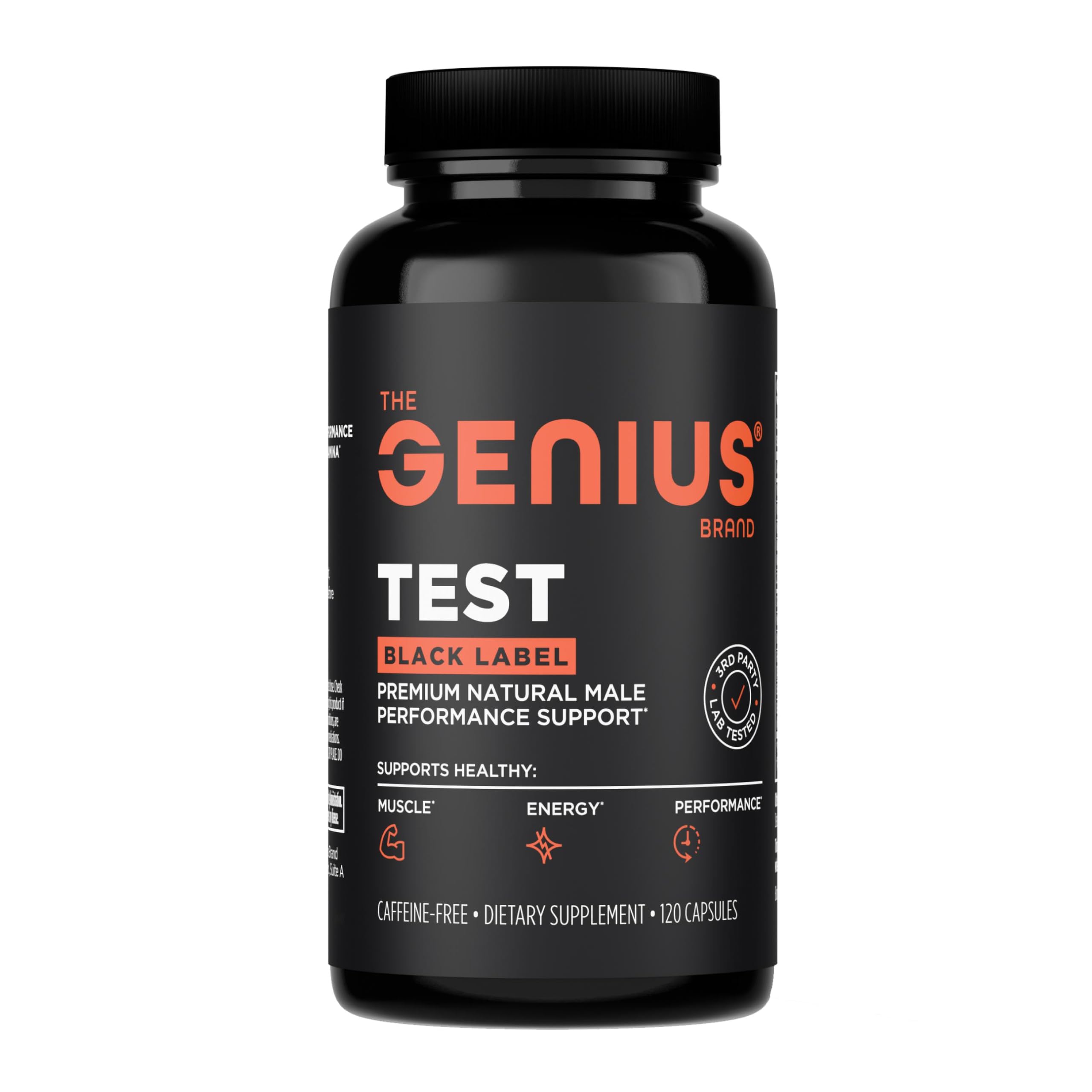 The Genius Brand Test Black Label, botella de cápsulas para energía diaria.