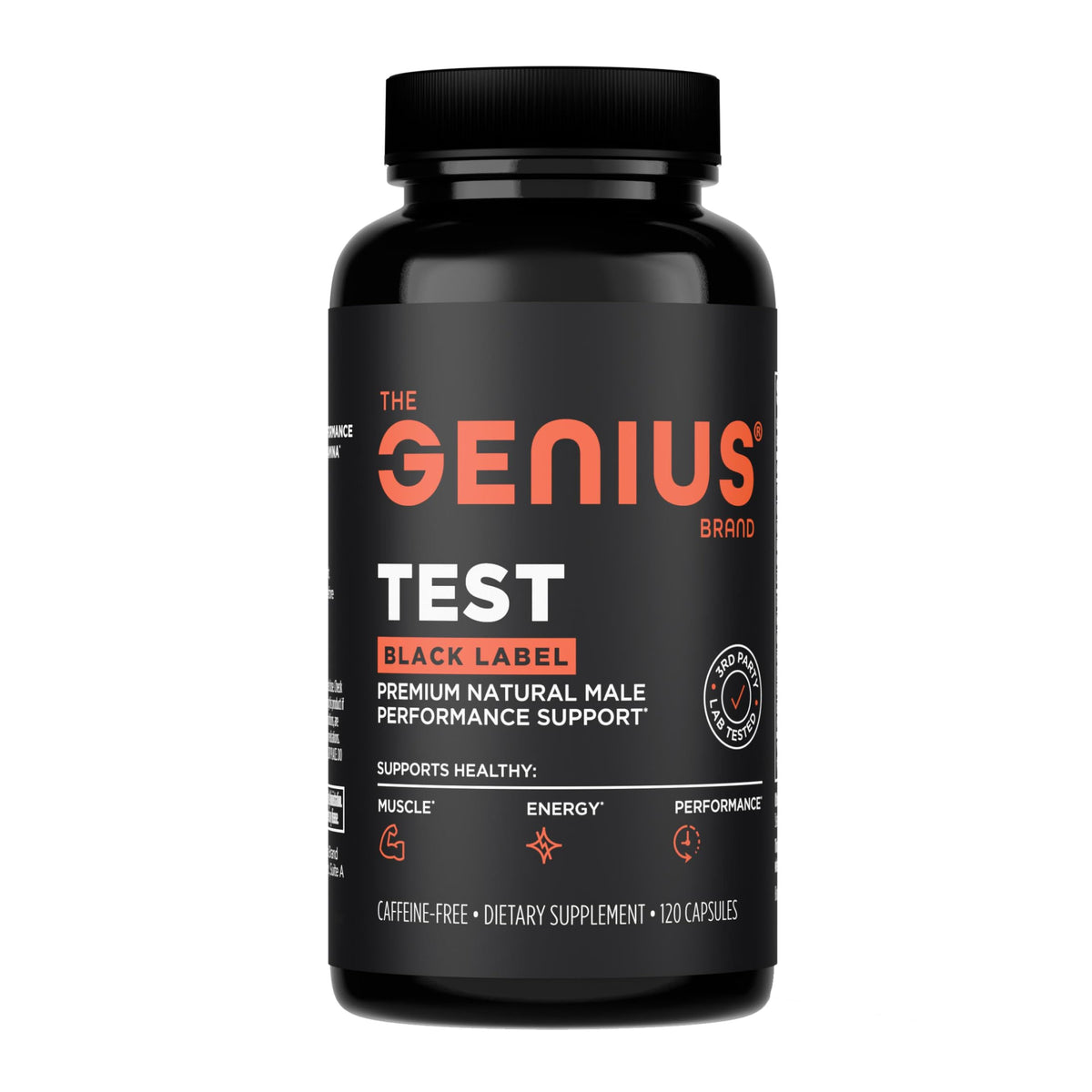 The Genius Brand Test Black Label, botella de cápsulas para energía diaria.