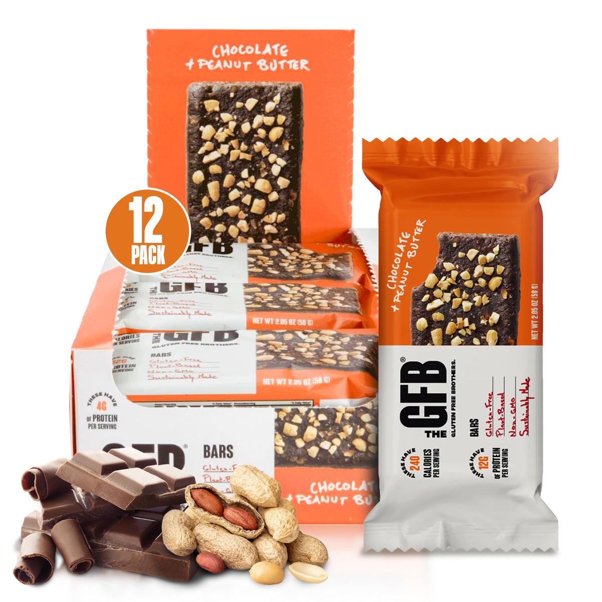 The GFB barra chocolate cacahuete con empaque de 12 unidades, ideal para snack diario.