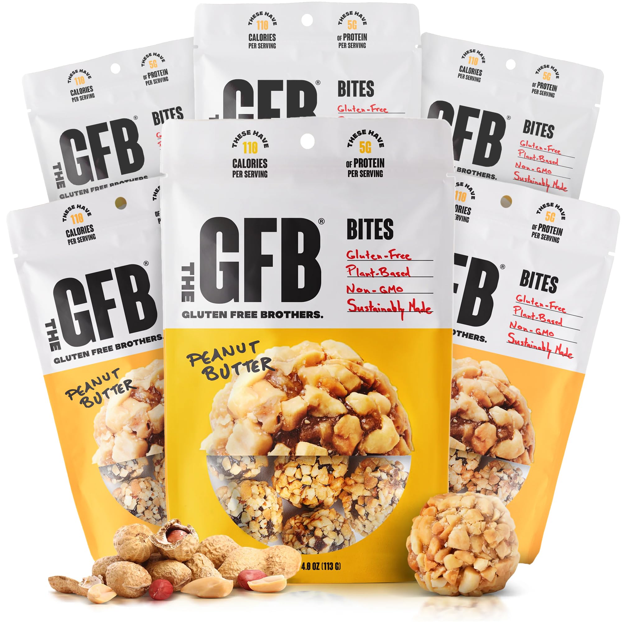 The GFB bocaditos mantequilla cacahuete en empaque, snack práctico para llevar.