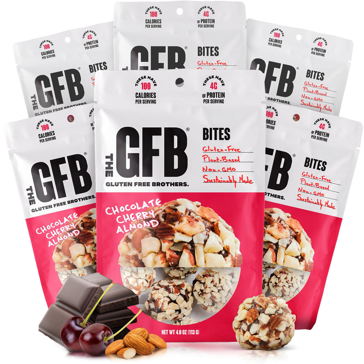 The GFB bocado chocolate cereza almendra en empaque, snack proteico práctico para energía diaria.