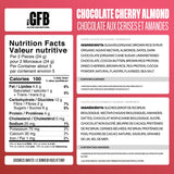 The GFB bocado chocolate cereza almendra abierto, textura cremosa y crujiente para snack rápido.