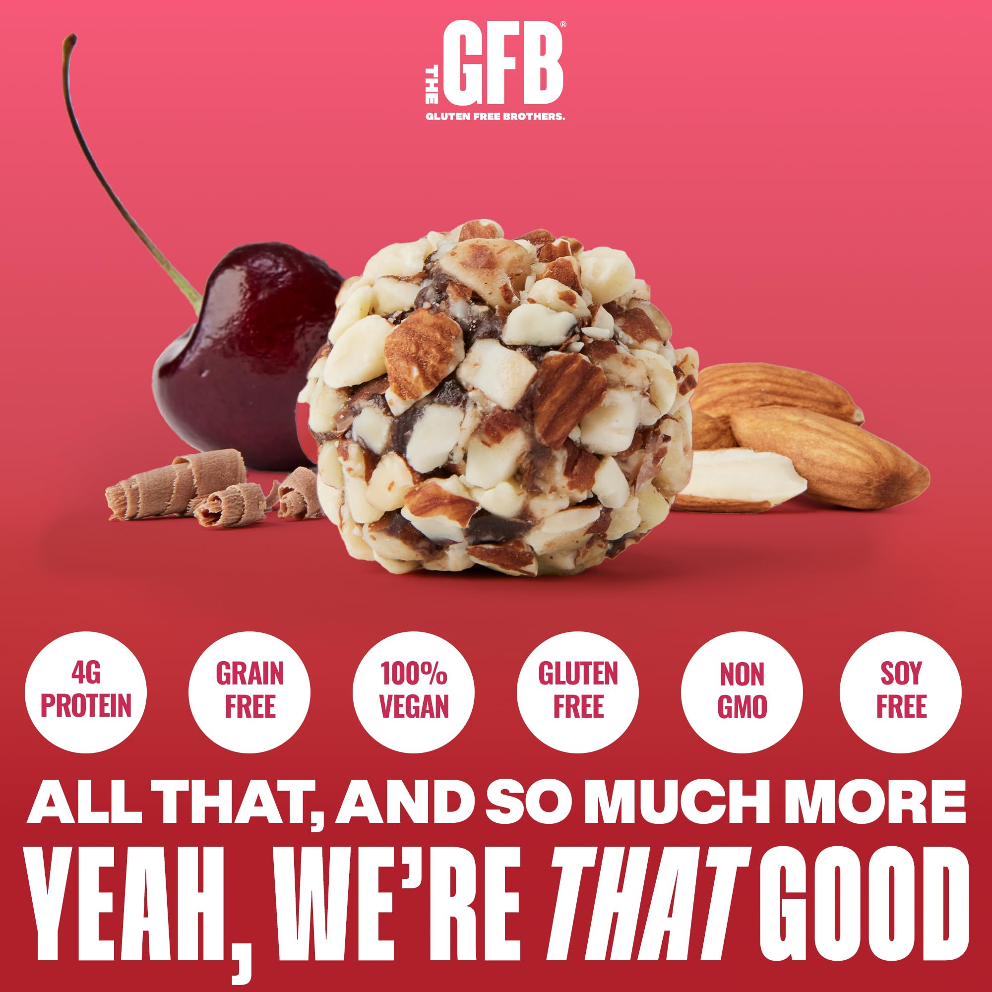 The GFB bocado chocolate cereza almendra empacado, opción vegana y sin gluten para llevar.