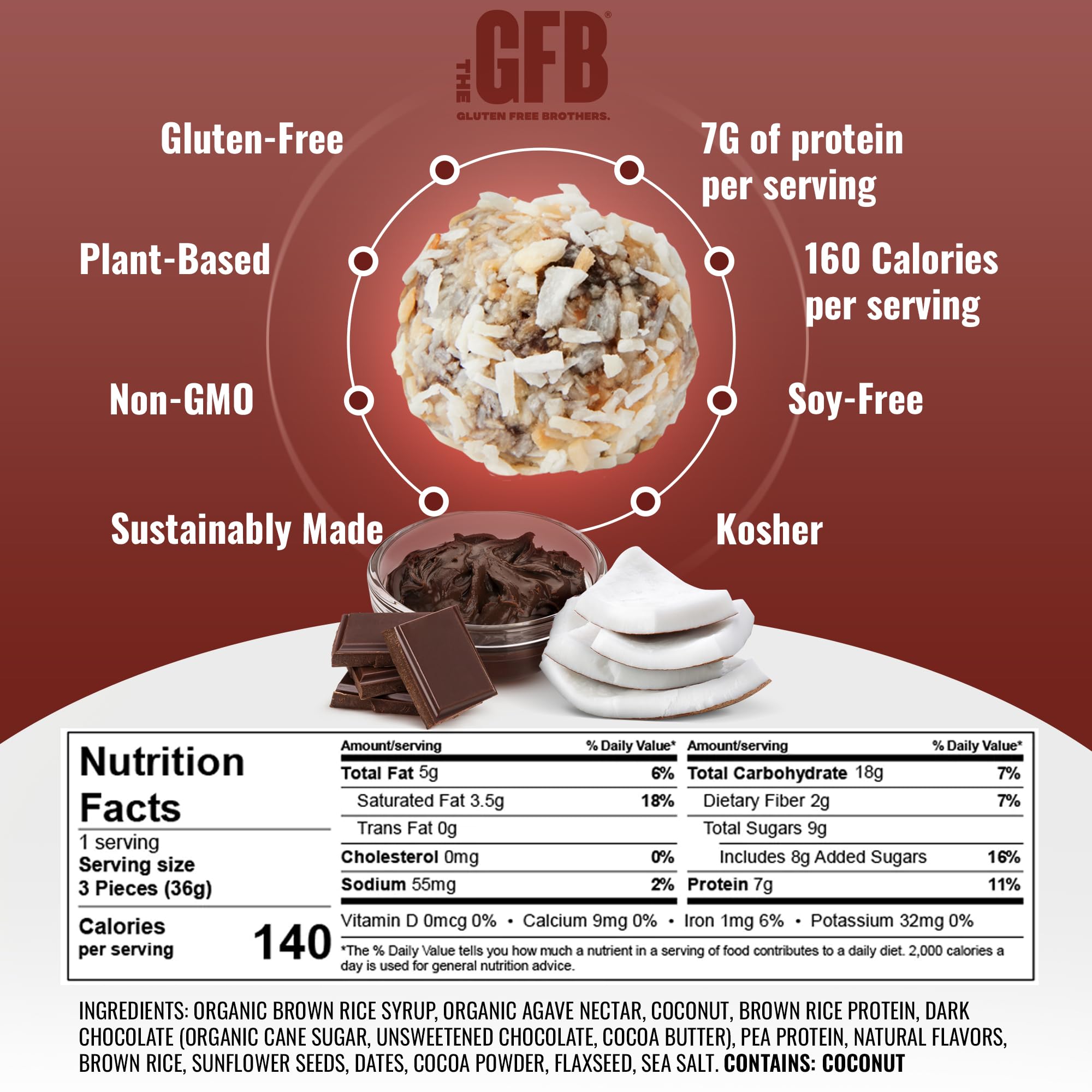 Primer plano de The GFB Bocaditos proteicos, chocolate oscuro y coco crujiente.
