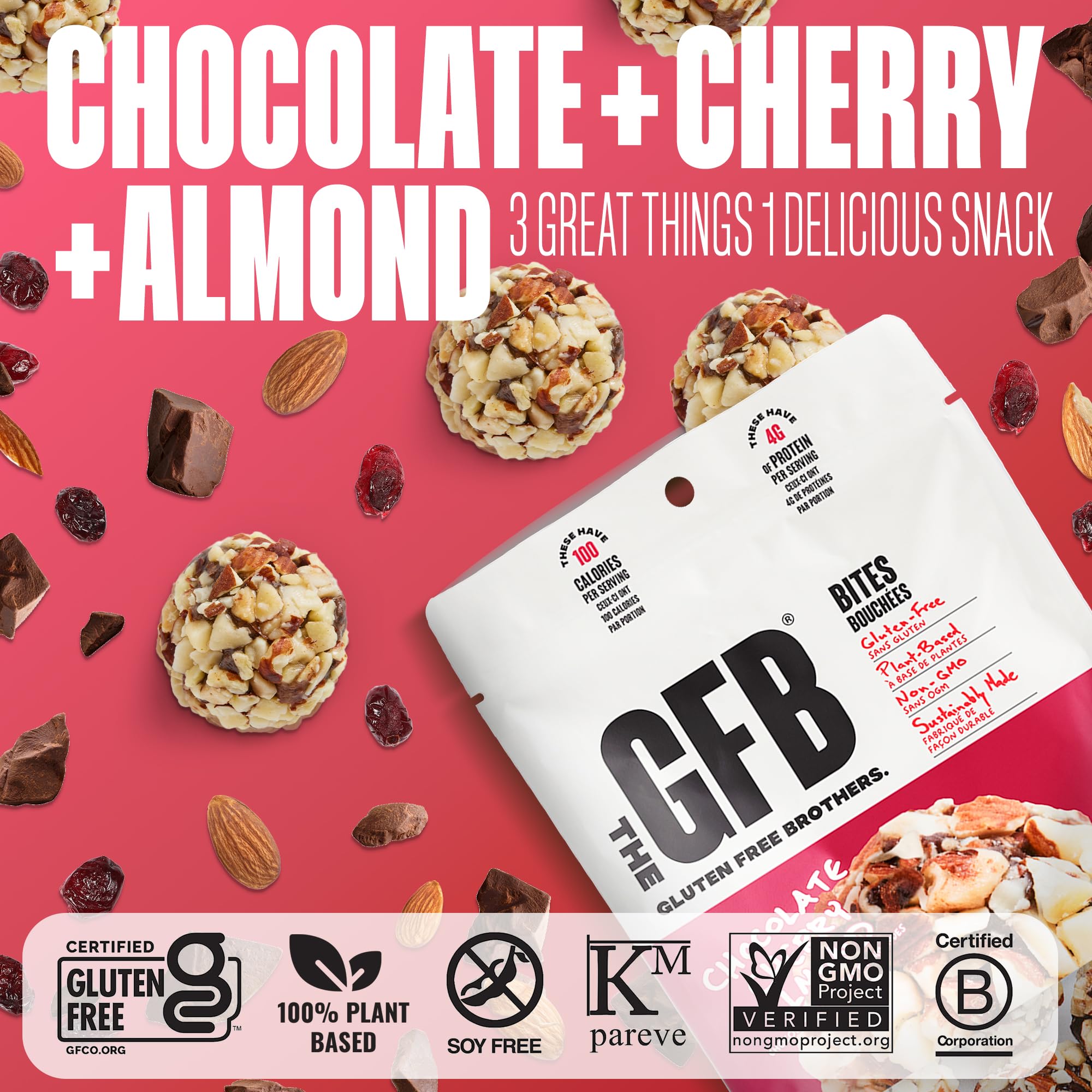 The GFB bocado proteico chocolate cereza almendra con trozos de almendra tostada para energía.