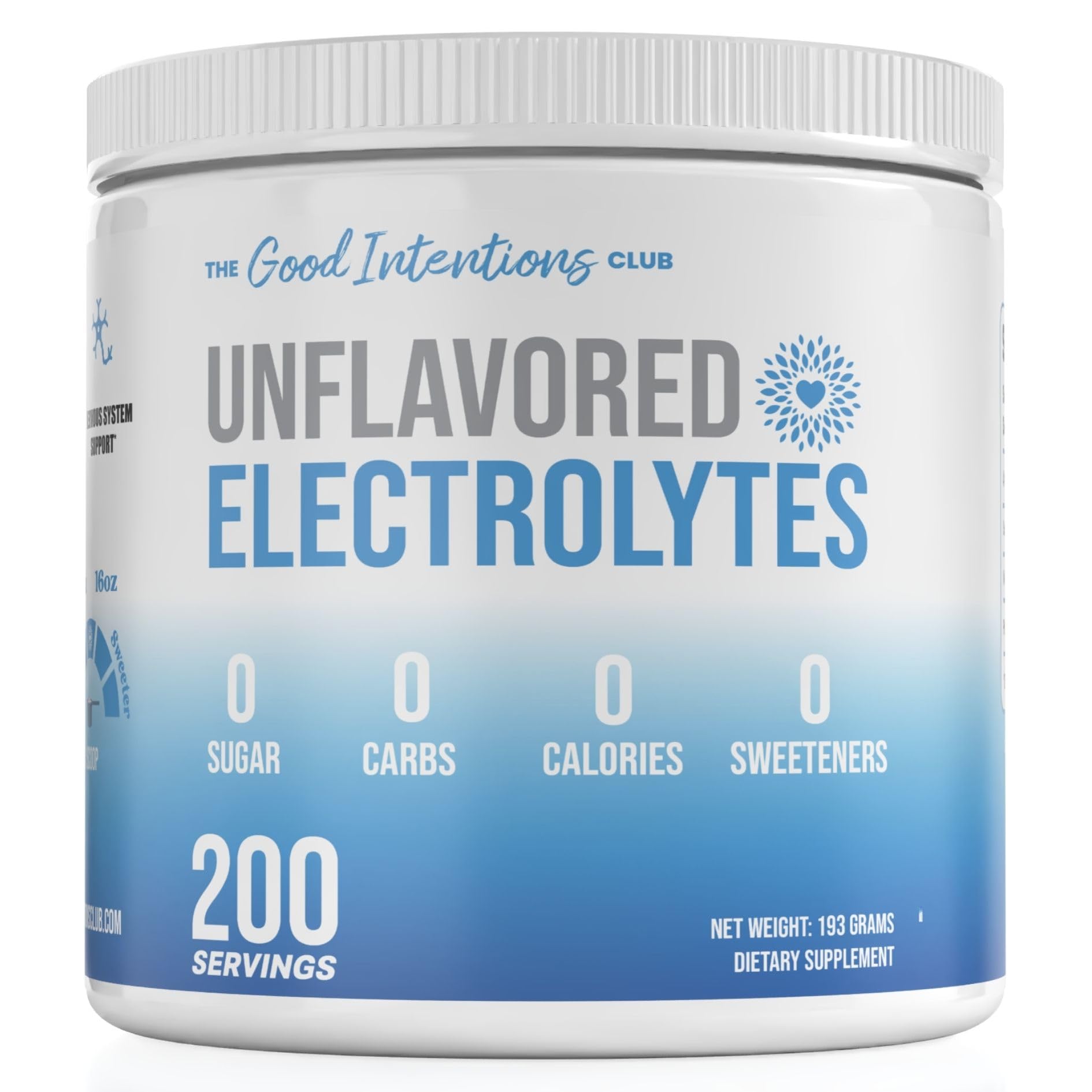 The Good Intentions Club electrolitos sin sabor, bote de 200 porciones para hidratación diaria.