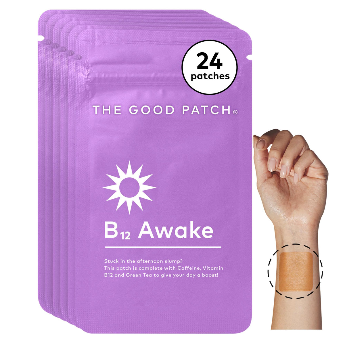 Parche The Good Patch B12 Awake, primer plano de cafeína y té verde para energía.