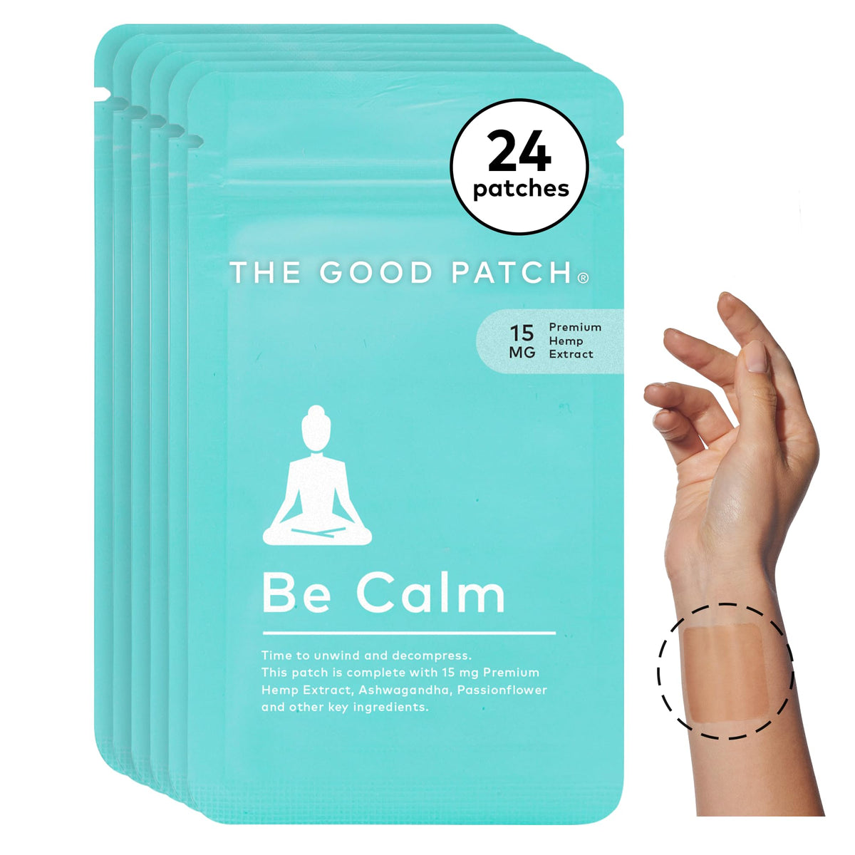 Patch Be Calm de The Good Patch aplicado en la muneca para relajacion discreta