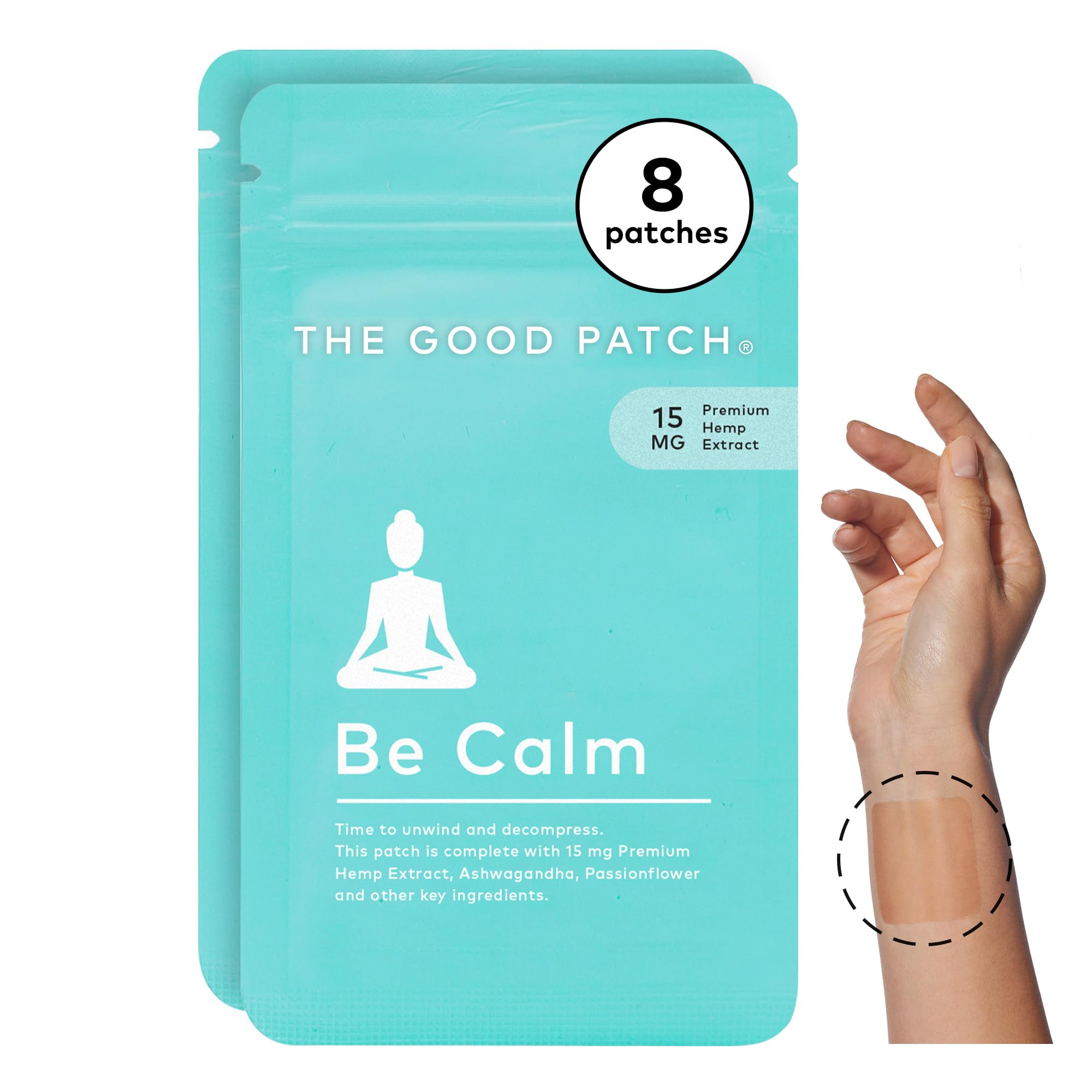 The Good Patch Be Calm Patch aplicado en la muneca para relajacion discreta durante el dia