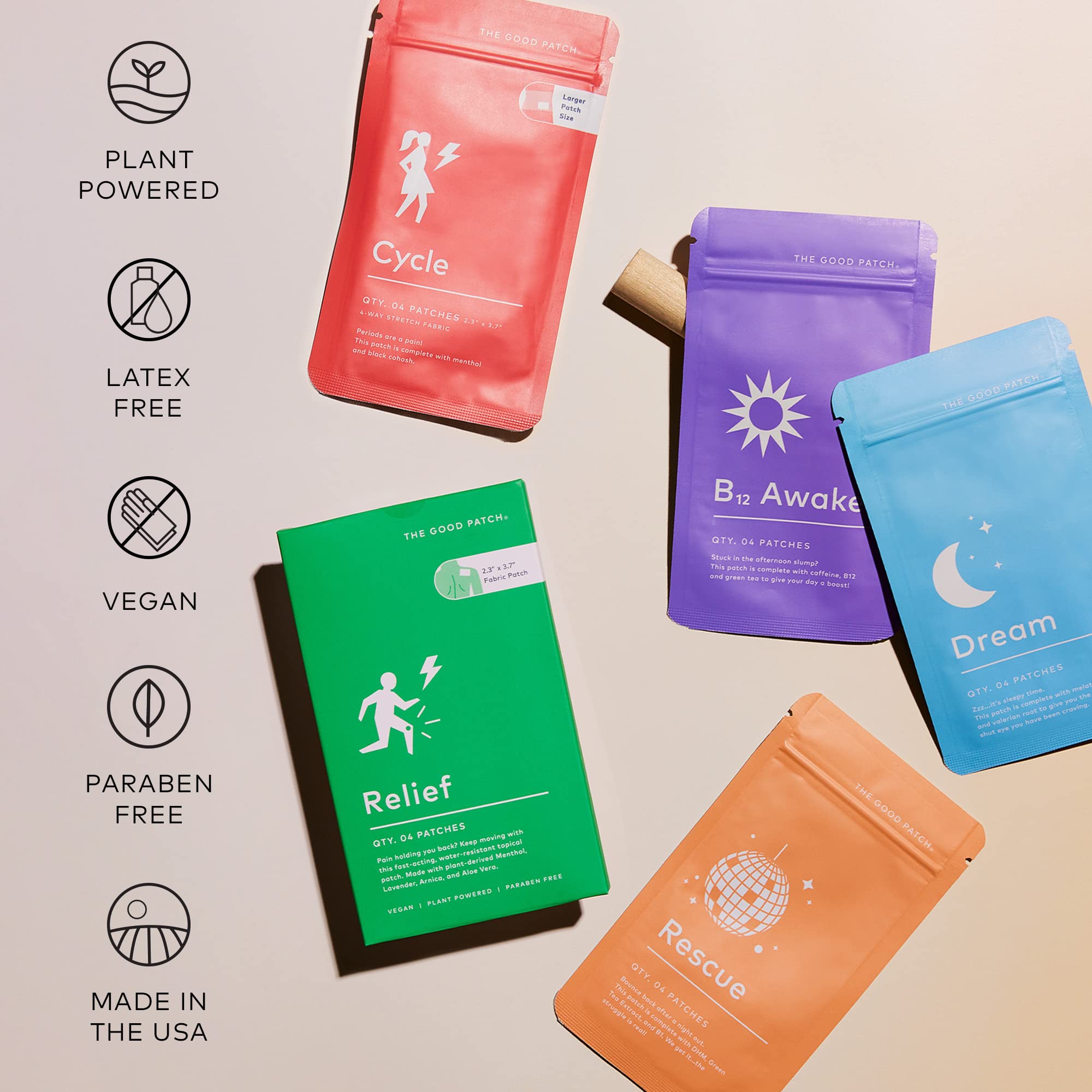 Parche The Good Patch con ingredientes vegetales para bienestar temporal.