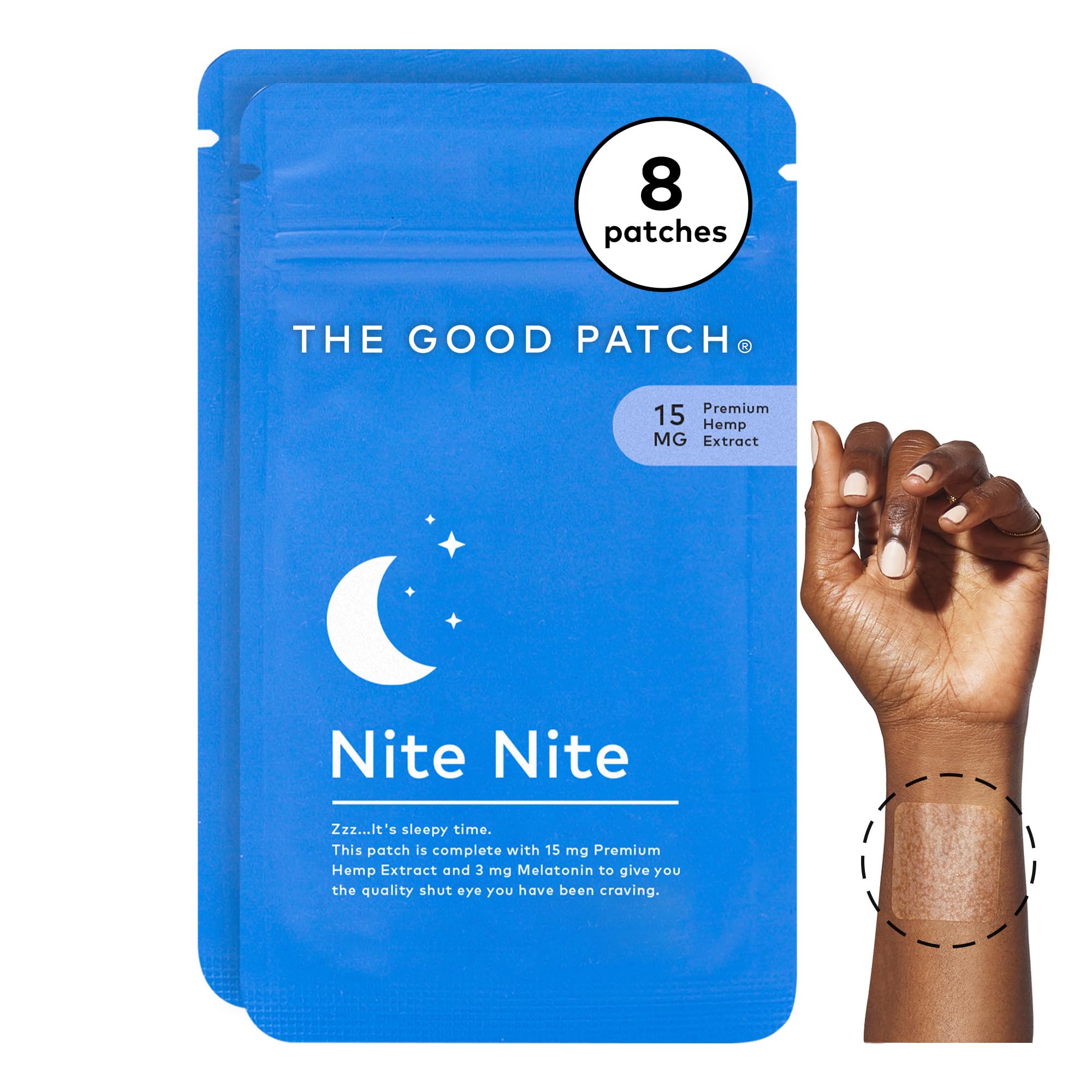 Parche The Good Patch Nite Nite aplicado en la piel para apoyar la rutina de sueño.