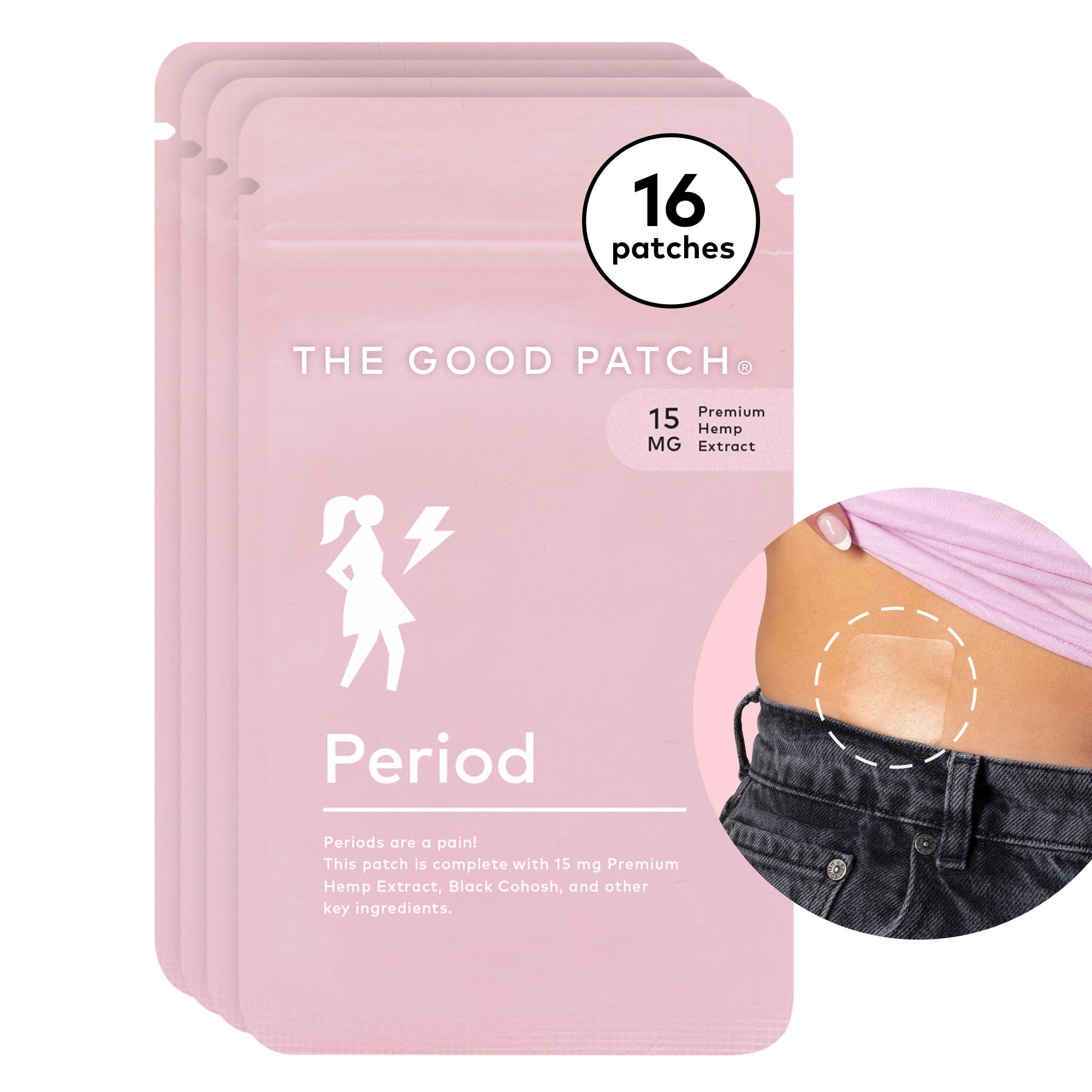 The Good Patch Period Patch, ingredientes visibles, apoyo natural para el uso diario.