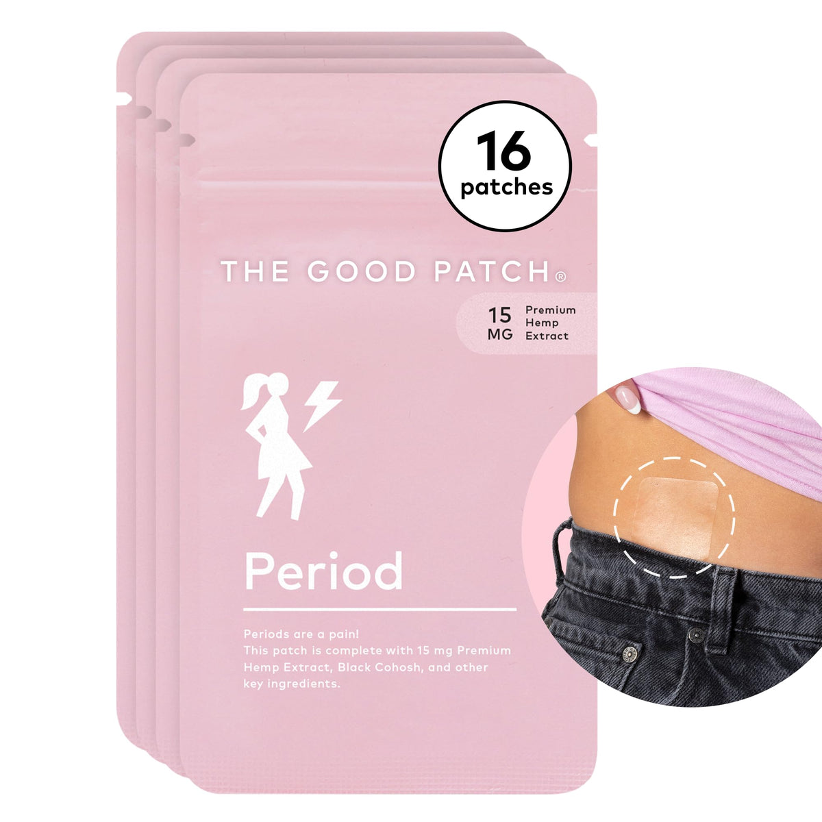 The Good Patch Period Patch, ingredientes visibles, apoyo natural para el uso diario.