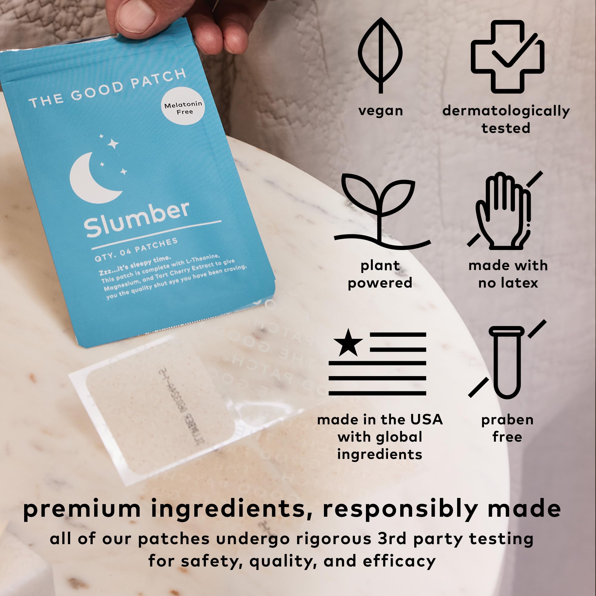 The Good Patch Slumber contiene L-teanina magnesio y extracto de cereza ácida