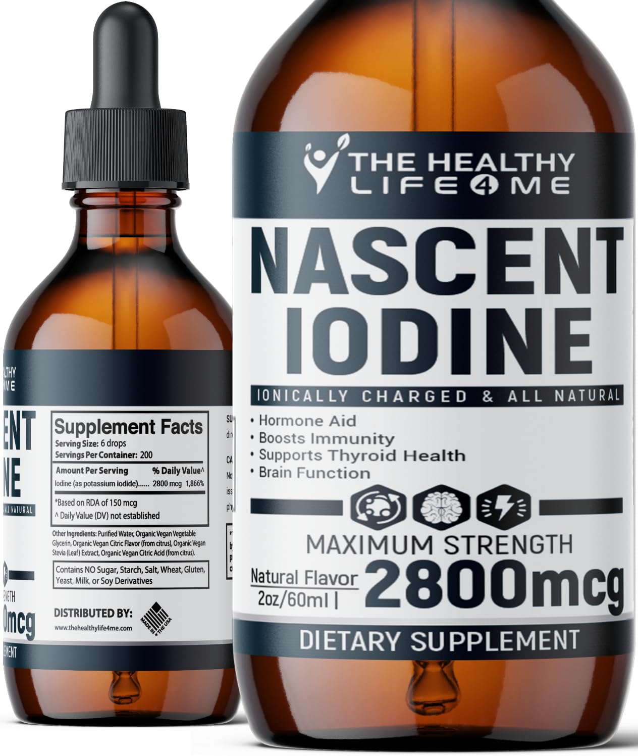 Botella clara de Nascent Iodine de THE HEALTHY LIFE 4 ME para uso diario.