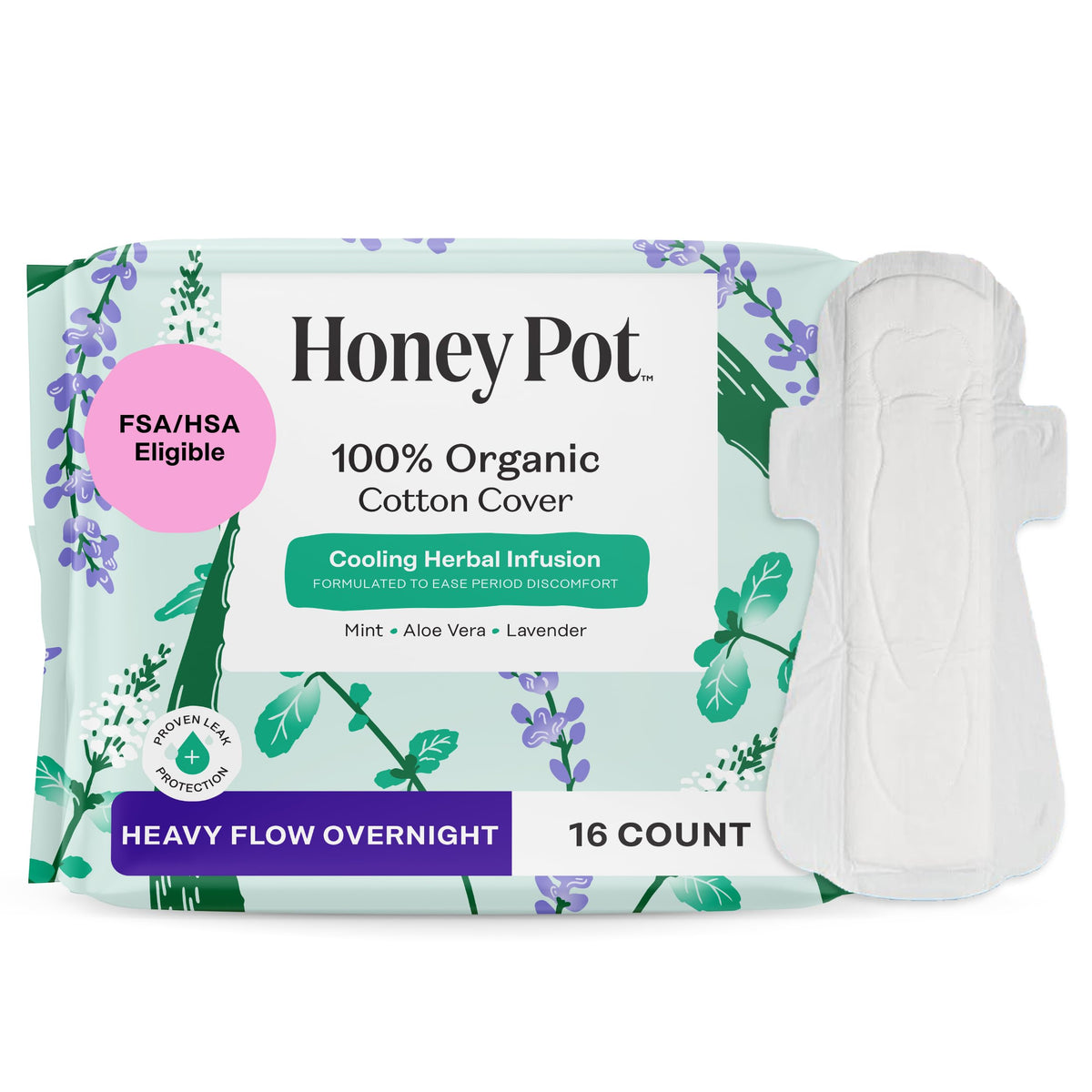 The Honey Pot absorbentes herbales para flujo fuerte: protección nocturna con alas y sensación fresca.