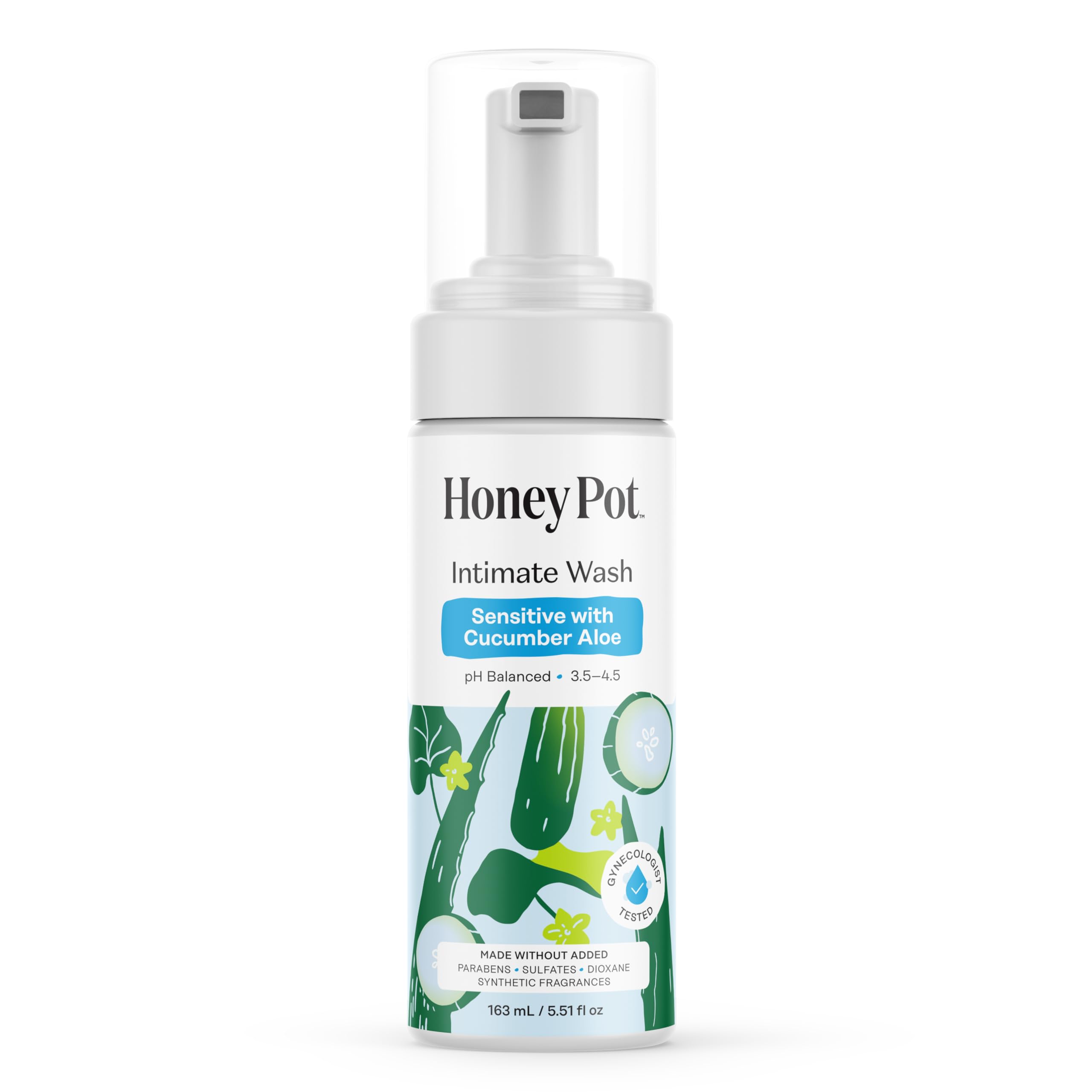 Botella de The Honey Pot Company Lavado Femenino Pepino Aloe para uso diario.