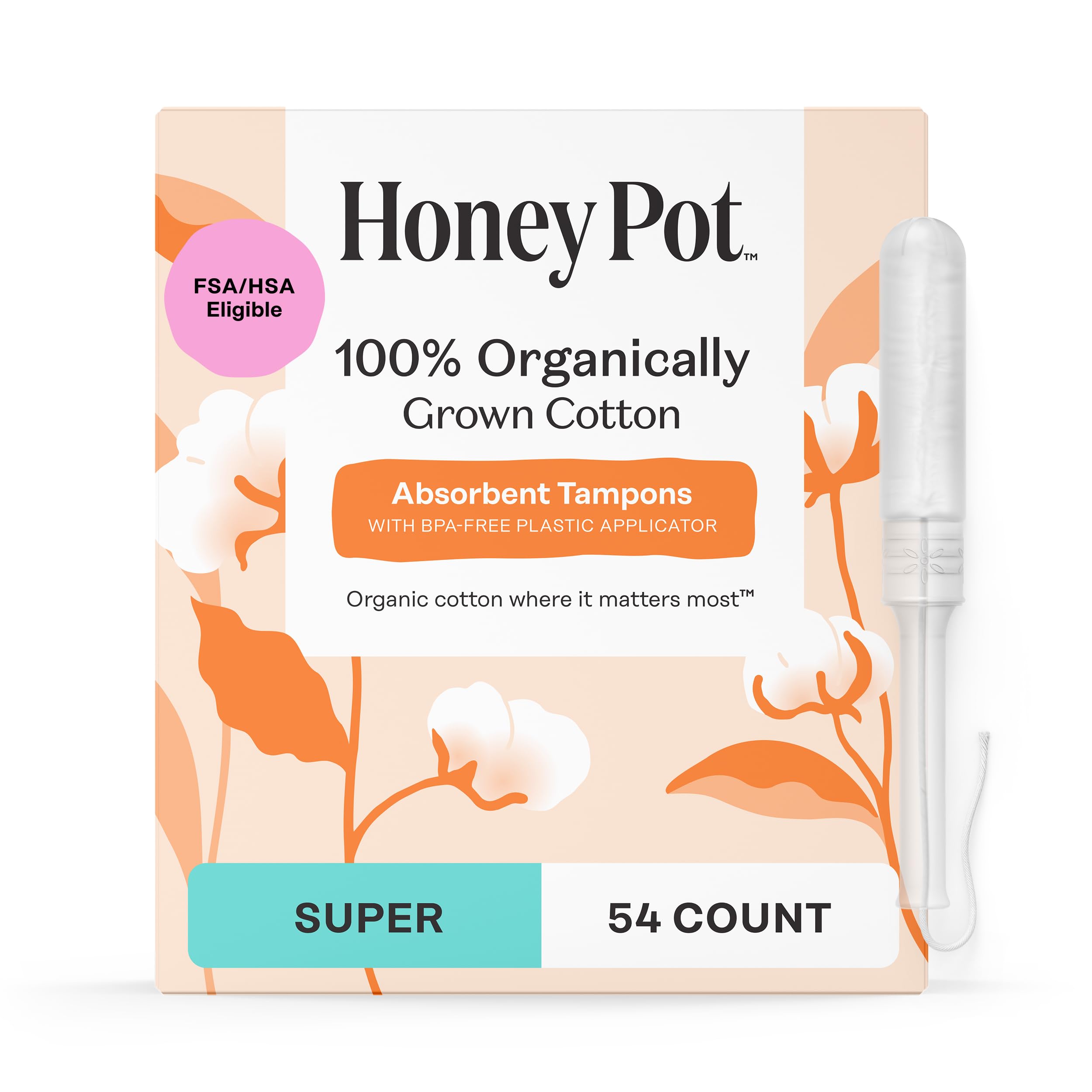 The Honey Pot tampón con núcleo de algodón orgánico ofrece absorbencia superior para días activos