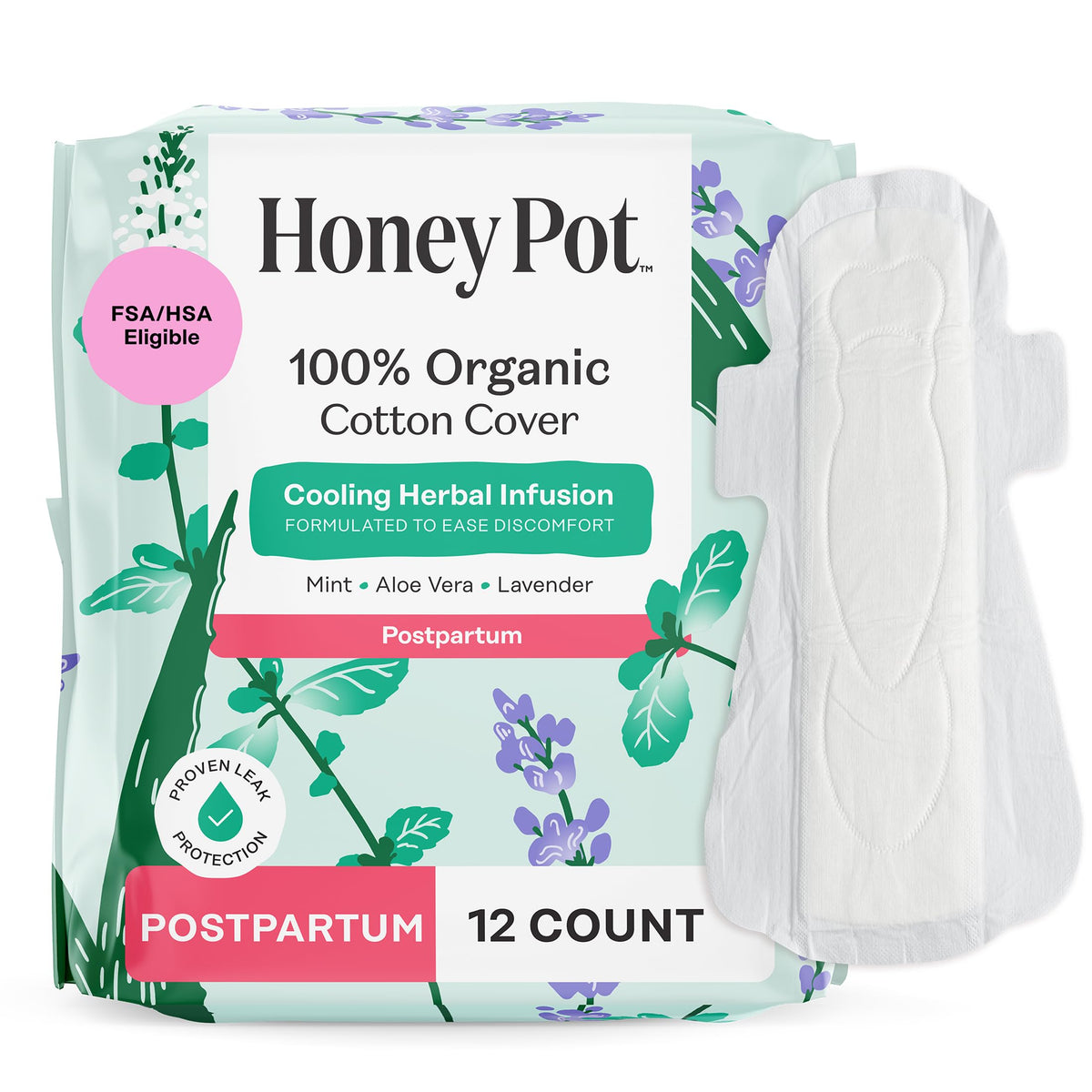 The Honey Pot Company toallas postparto herbales con alas, confort duradero para uso diario.