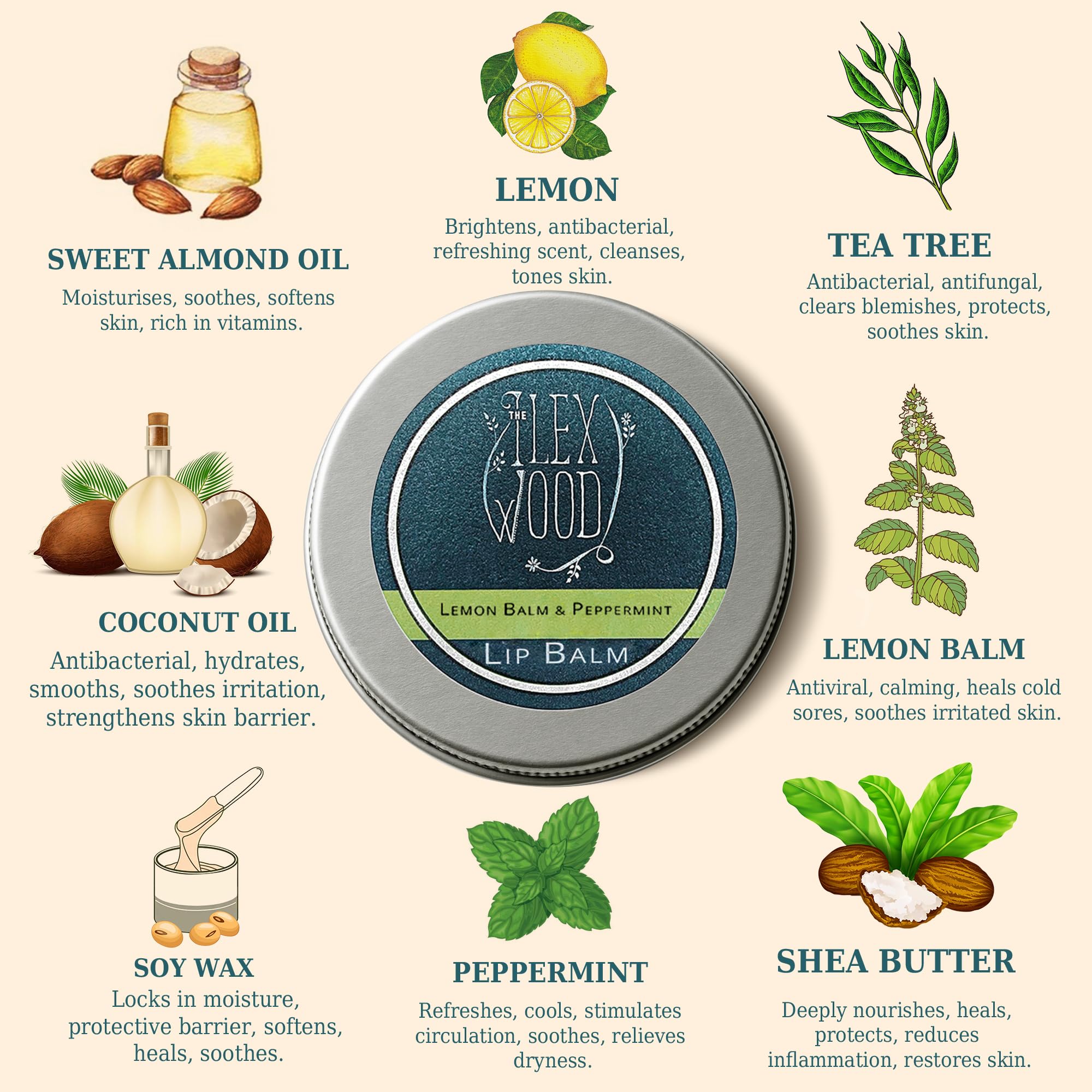 The Ilex Wood ingredientes: almendra karité coco para nutrición de labios